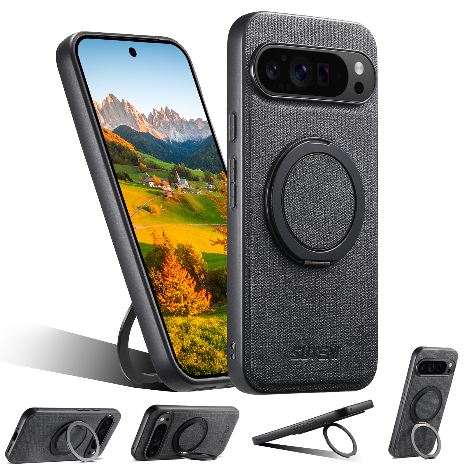 SUTENI G3NZ Faux Leather Magnet Wireless Charging Phone Case 360° Rotating Stand Ring Buckle Frosted Feel For Google Pixel 10ProXL 9 8A 7 6