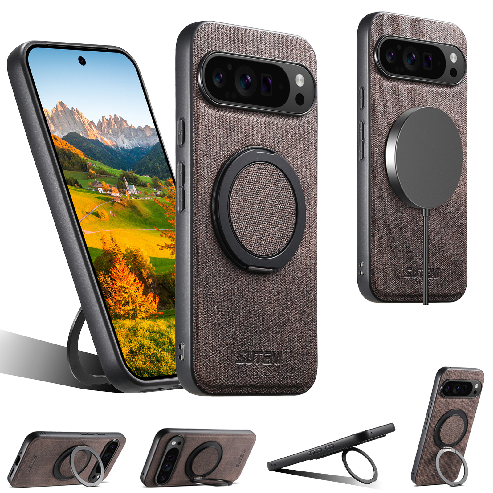 SUTENI G3NZ Faux Leather Magnet Wireless Charging Phone Case 360° Rotating Stand Ring Buckle Frosted Feel For Google Pixel 10ProXL 9 8A 7 6
