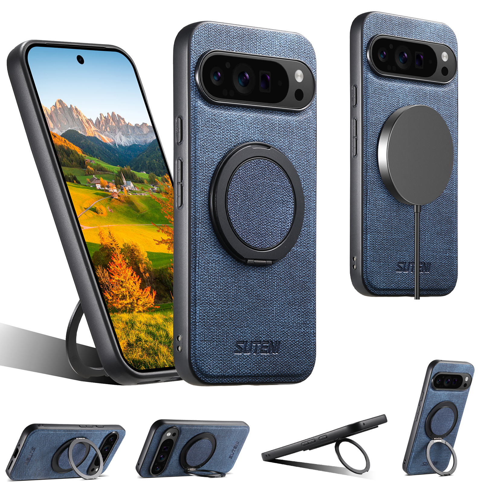 SUTENI G3NZ Faux Leather Magnet Wireless Charging Phone Case 360° Rotating Stand Ring Buckle Frosted Feel For Google Pixel 10ProXL 9 8A 7 6
