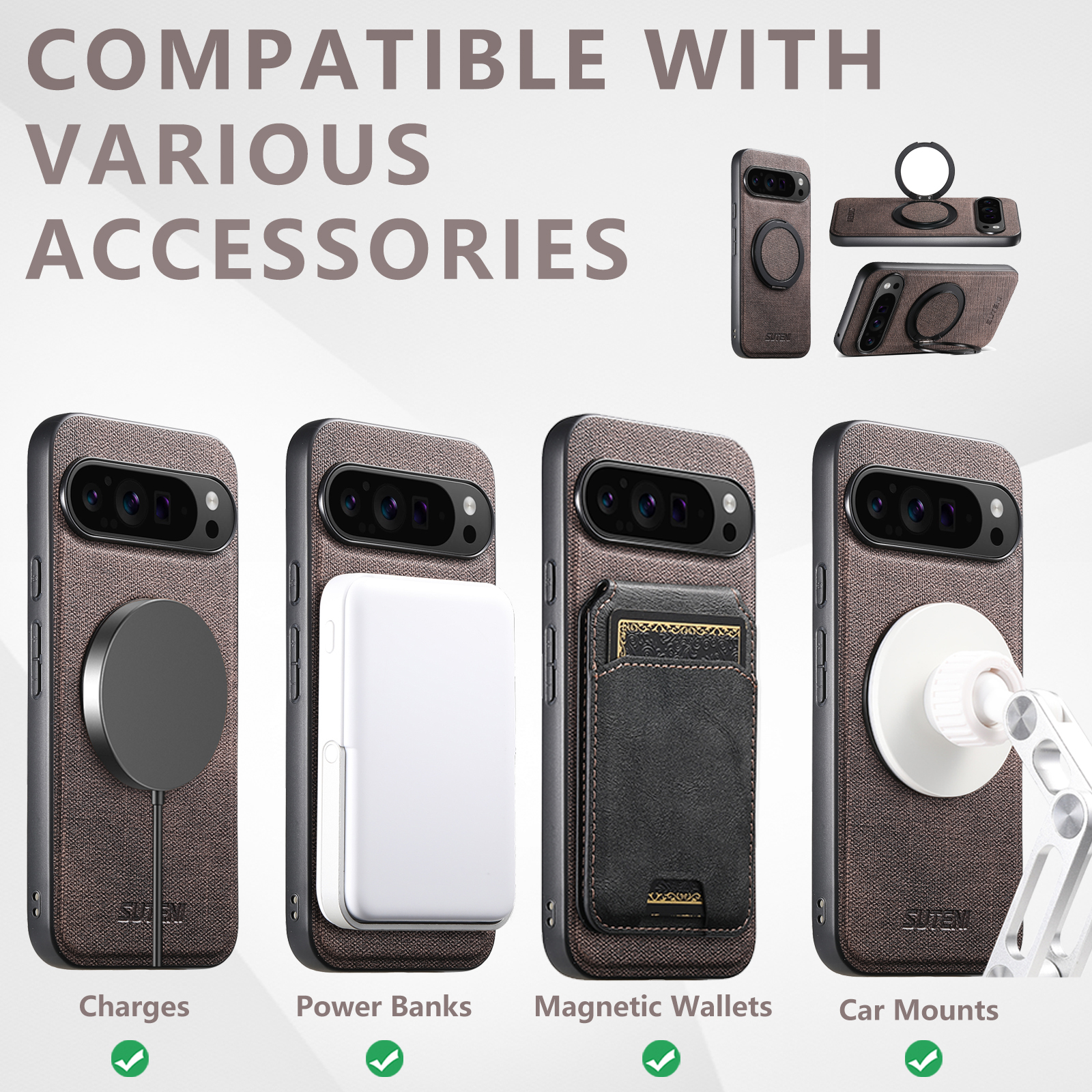 SUTENI G3NZ Faux Leather Magnet Wireless Charging Phone Case 360° Rotating Stand Ring Buckle Frosted Feel For Google Pixel 10ProXL 9 8A 7 6