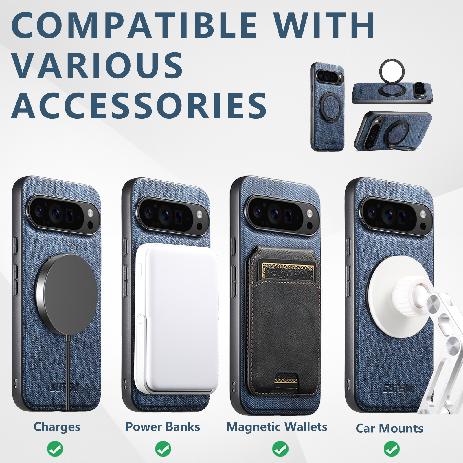 SUTENI G3NZ Faux Leather Magnet Wireless Charging Phone Case 360° Rotating Stand Ring Buckle Frosted Feel For Google Pixel 10ProXL 9 8A 7 6