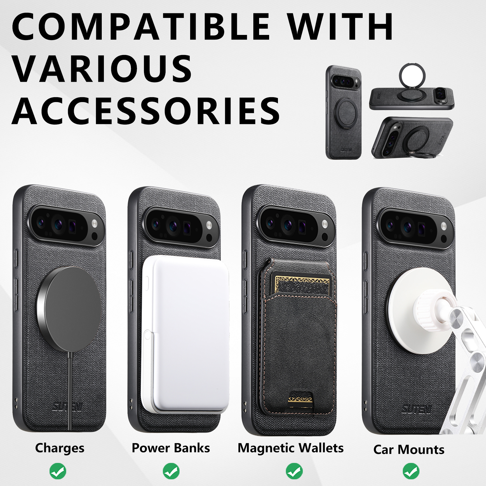 SUTENI G3NZ Faux Leather Magnet Wireless Charging Phone Case 360° Rotating Stand Ring Buckle Frosted Feel For Google Pixel 10ProXL 9 8A 7 6