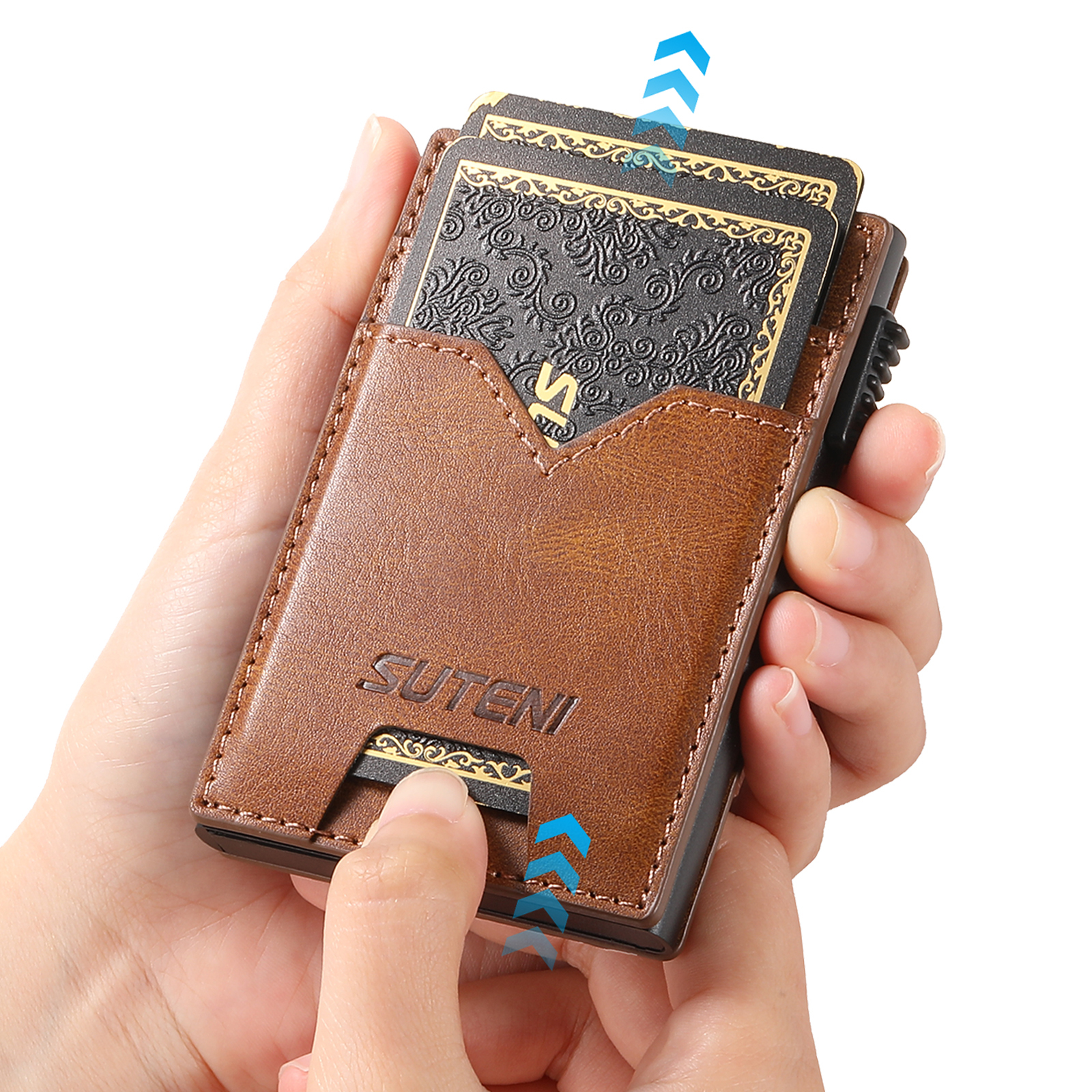 SUTENI KH5YL Card Slot Wallet Faux Leather Card Box Pressing The Button Automatically Ejects The Card
