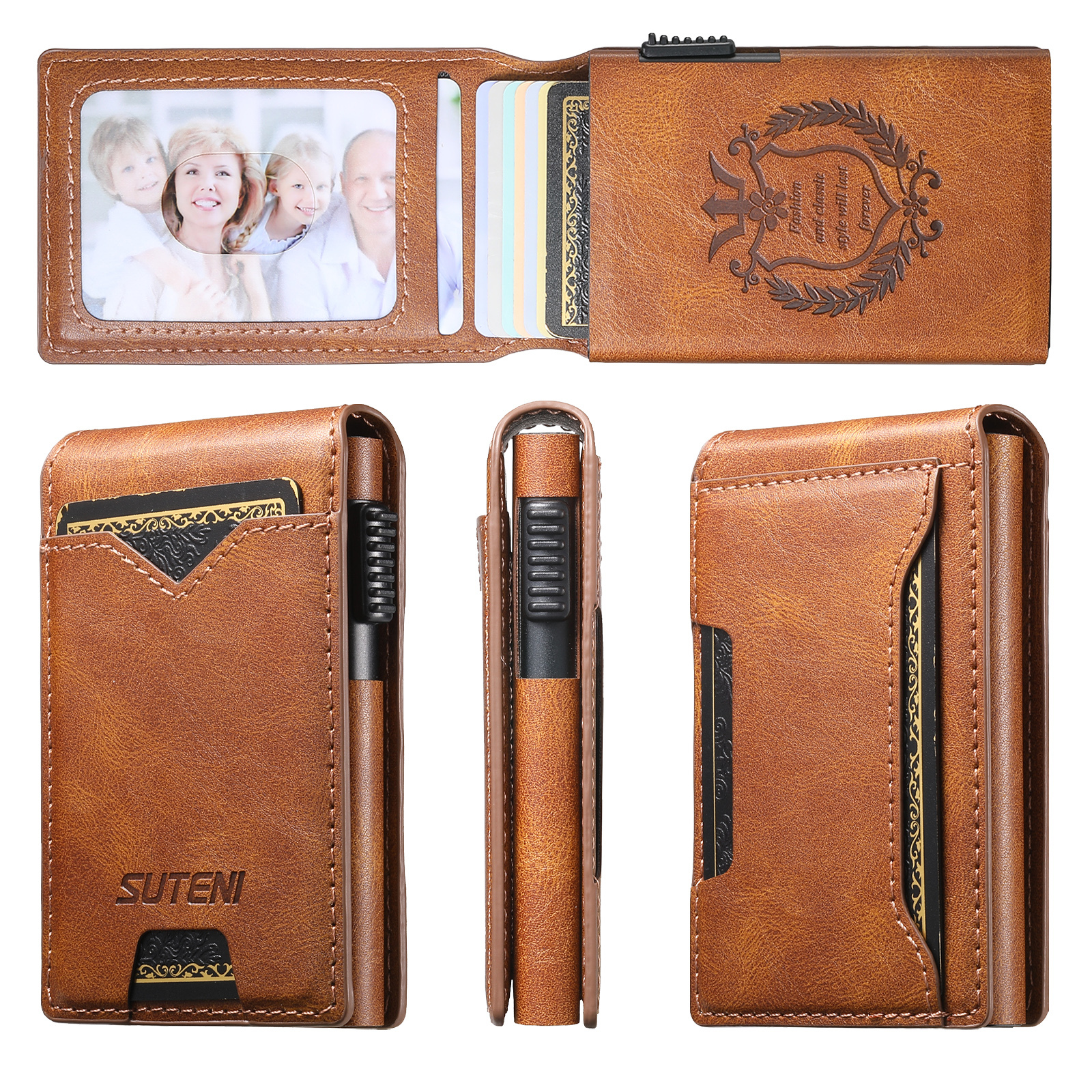SUTENI KH6YL Card Slot Wallet Flip Cover Faux Leather Card Box Pressing The Button Automatically Ejects The Card