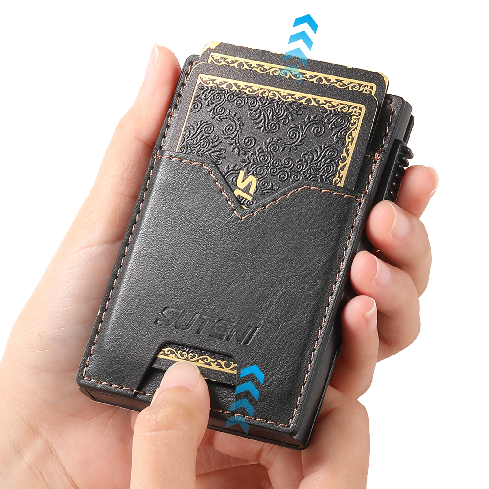 SUTENI KH5YL Card Slot Wallet Faux Leather Card Box Pressing The Button Automatically Ejects The Card