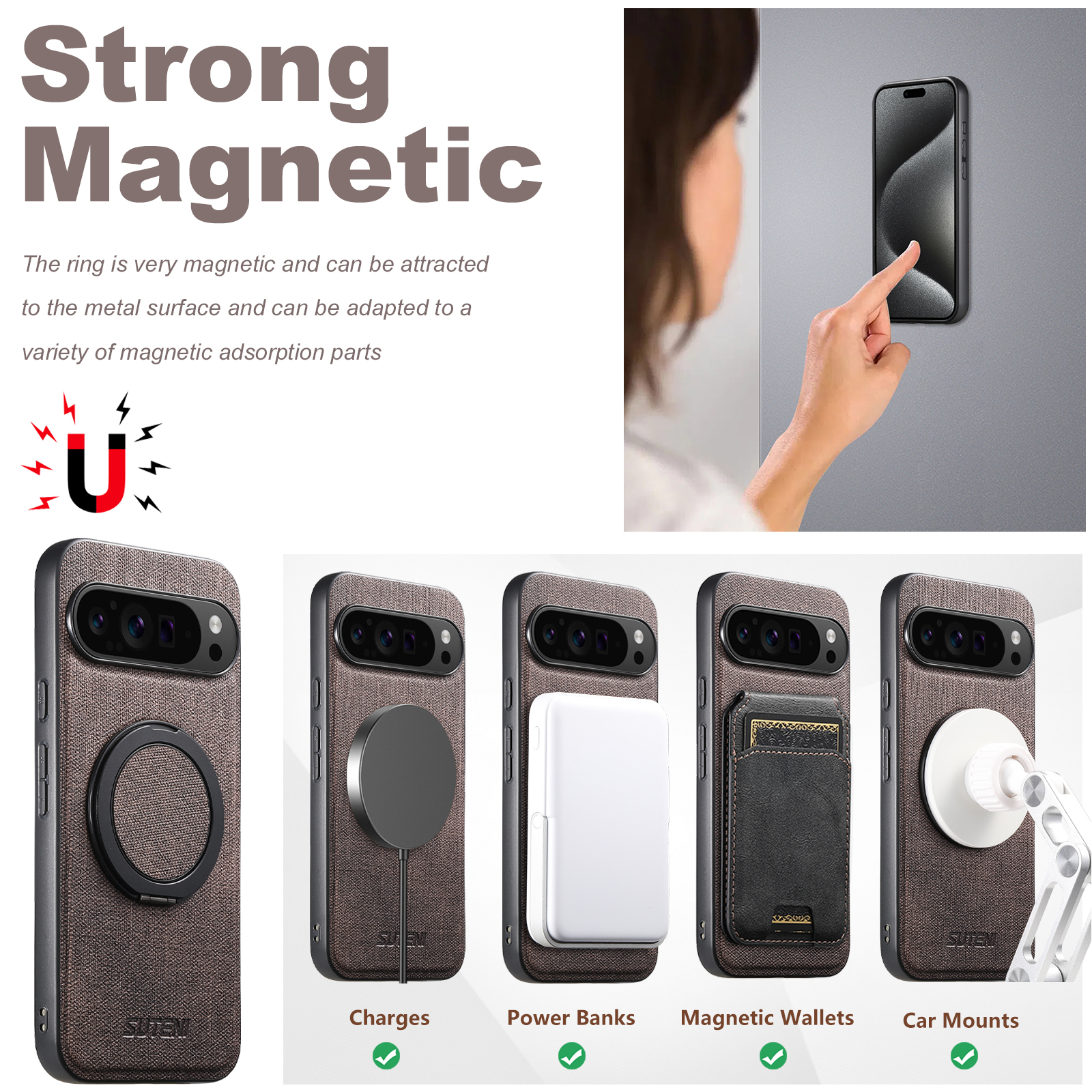 SUTENI G3NZ Faux Leather Magnet Wireless Charging Phone Case 360° Rotating Stand Ring Buckle Frosted Feel For Google Pixel 10ProXL 9 8A 7 6