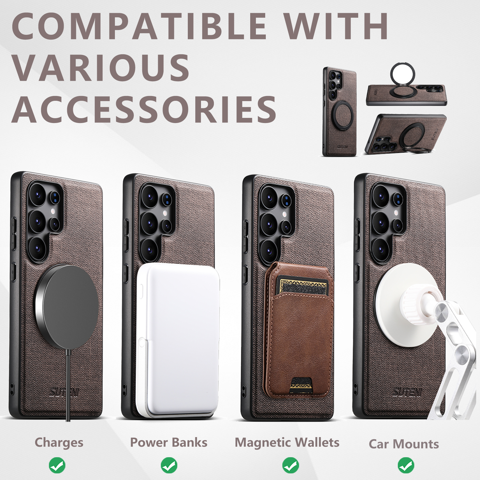 SUTENI G3NZ Magnet Wireless Charging Phone Case Faux Leather 360° Rotating Stand Ring Buckle Frosted Feel For Samsung Galaxy S25Ultra S24 S23 S22