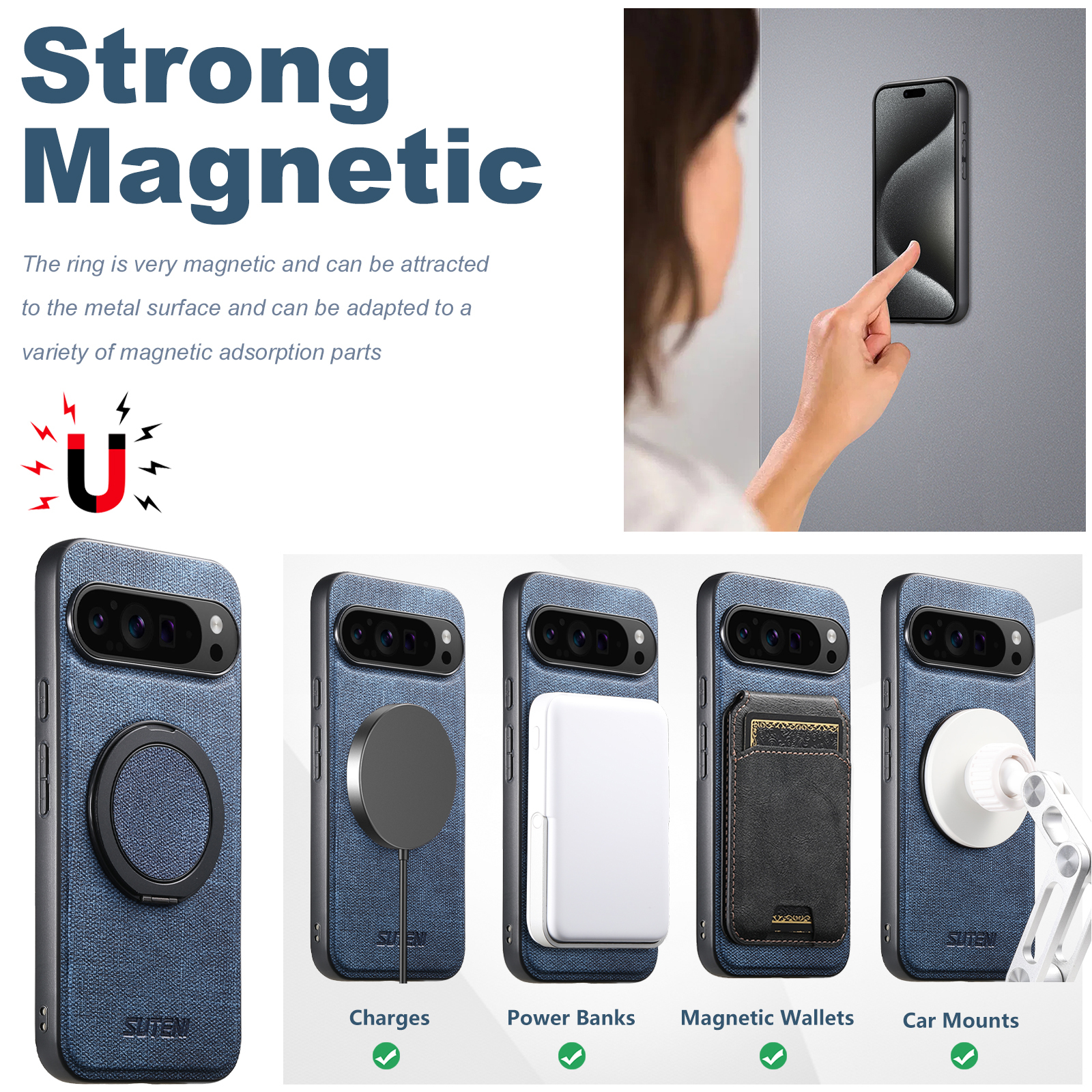 SUTENI G3NZ Faux Leather Magnet Wireless Charging Phone Case 360° Rotating Stand Ring Buckle Frosted Feel For Google Pixel 10ProXL 9 8A 7 6