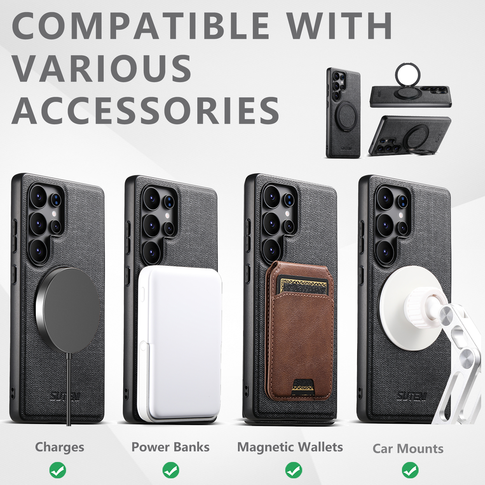 SUTENI G3NZ Magnet Wireless Charging Phone Case Faux Leather 360° Rotating Stand Ring Buckle Frosted Feel For Samsung Galaxy S26Ultra S25 S24 S23 S22
