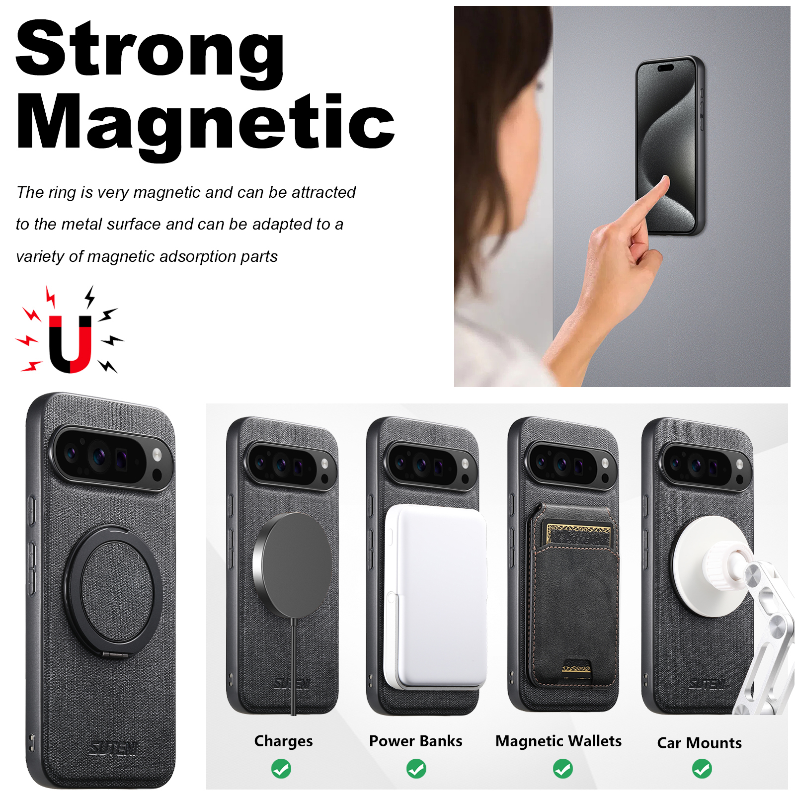 SUTENI G3NZ Faux Leather Magnet Wireless Charging Phone Case 360° Rotating Stand Ring Buckle Frosted Feel For Google Pixel 10ProXL 9 8A 7 6