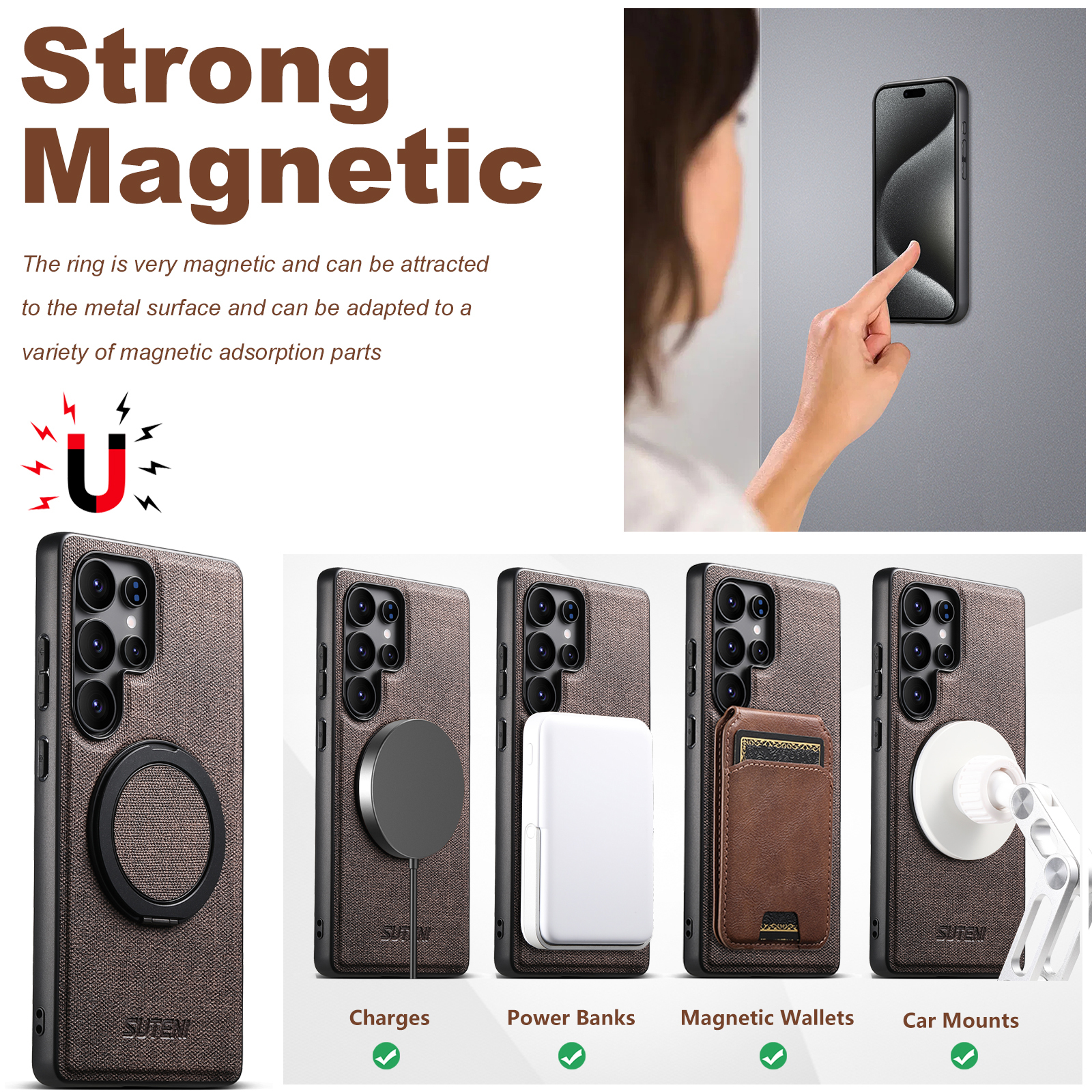 SUTENI G3NZ Magnet Wireless Charging Phone Case Faux Leather 360° Rotating Stand Ring Buckle Frosted Feel For Samsung Galaxy S25Ultra S24 S23 S22
