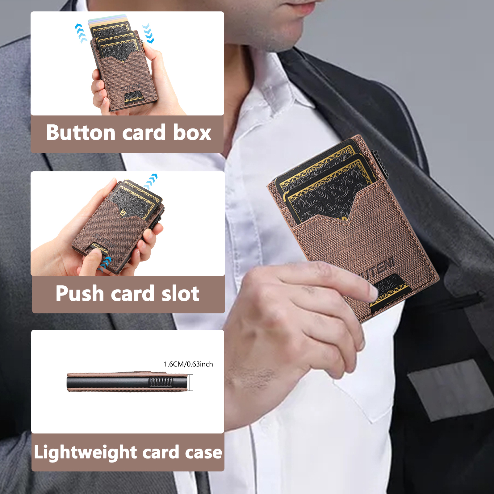 SUTENI KH5NZ Card Slot Wallet Faux Leather Card Box Pressing The Button Automatically Ejects The Card