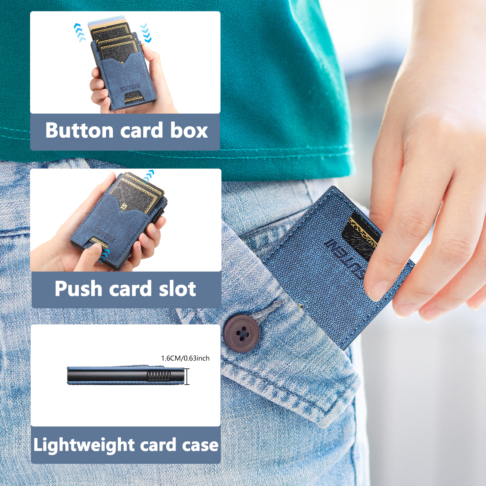 SUTENI KH5NZ Card Slot Wallet Faux Leather Card Box Pressing The Button Automatically Ejects The Card
