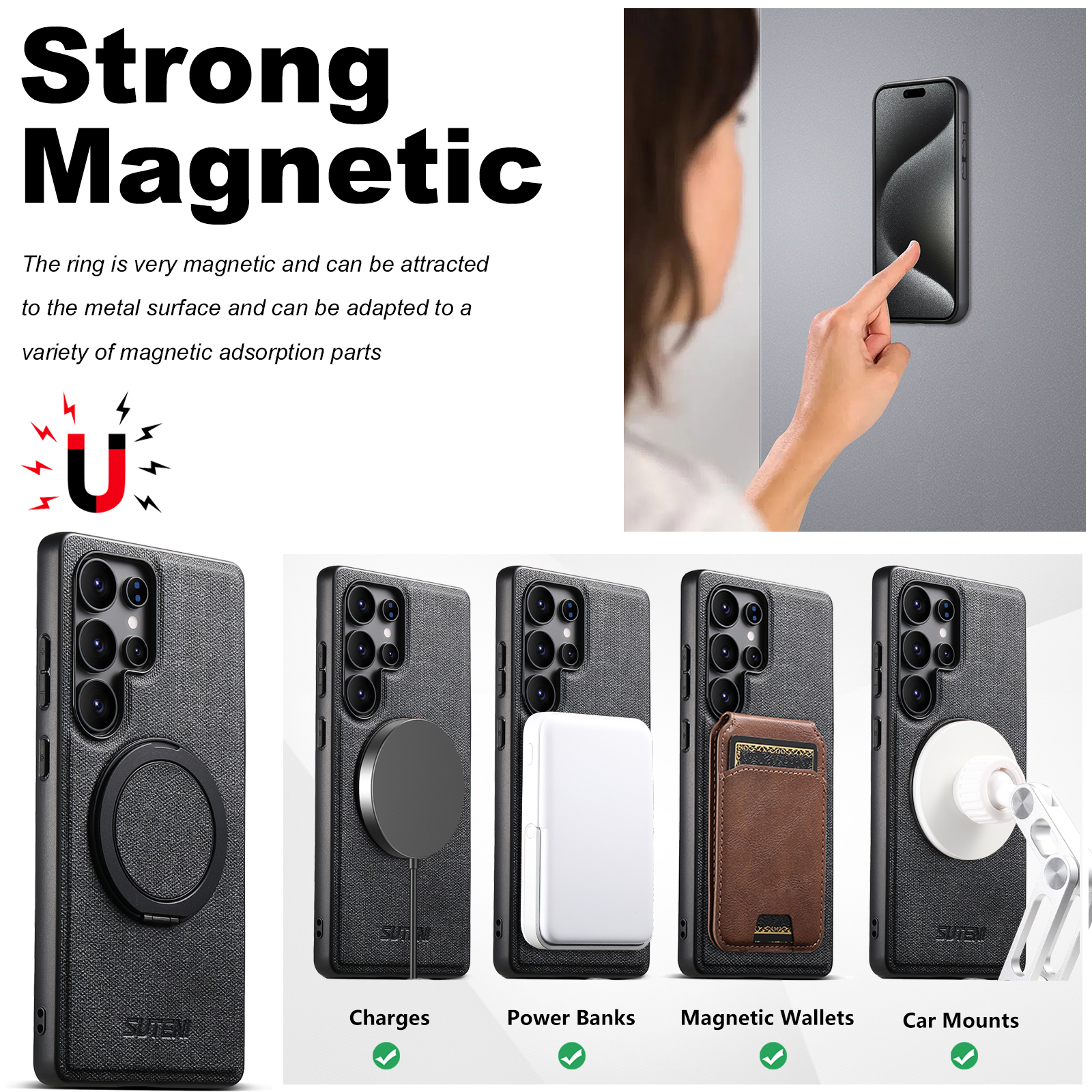 SUTENI G3NZ Magnet Wireless Charging Phone Case Faux Leather 360° Rotating Stand Ring Buckle Frosted Feel For Samsung Galaxy S26Ultra S25 S24 S23 S22
