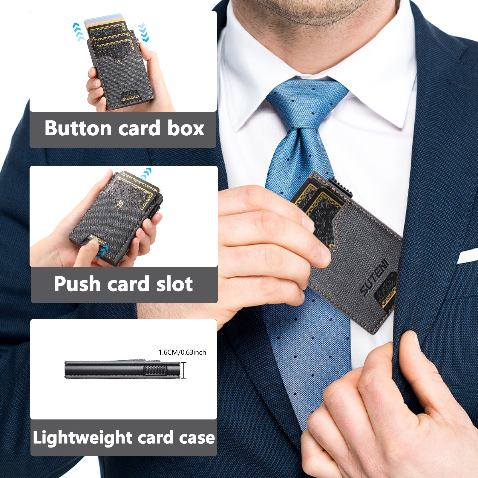 SUTENI KH5NZ Card Slot Wallet Faux Leather Card Box Pressing The Button Automatically Ejects The Card