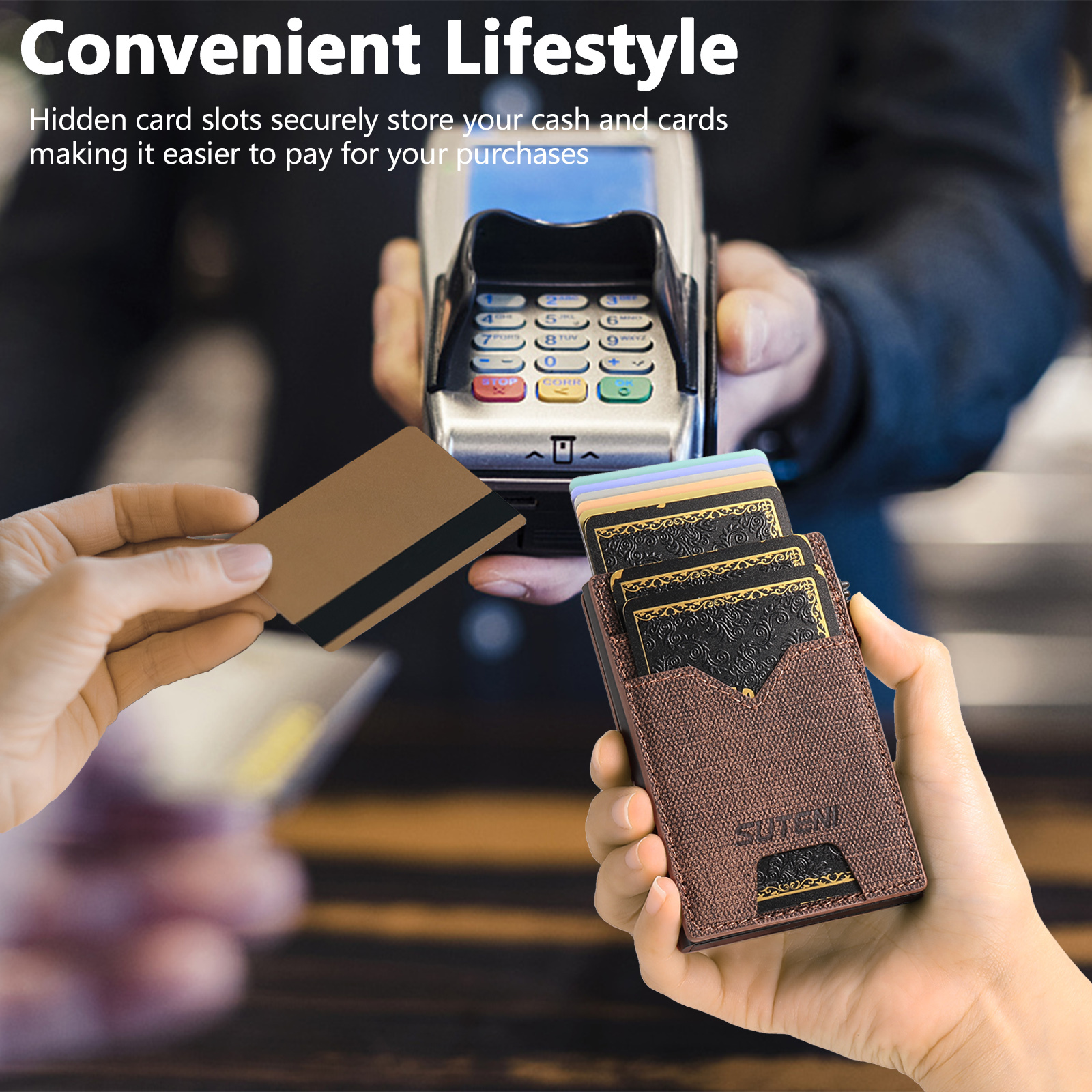 SUTENI KH5NZ Card Slot Wallet Faux Leather Card Box Pressing The Button Automatically Ejects The Card