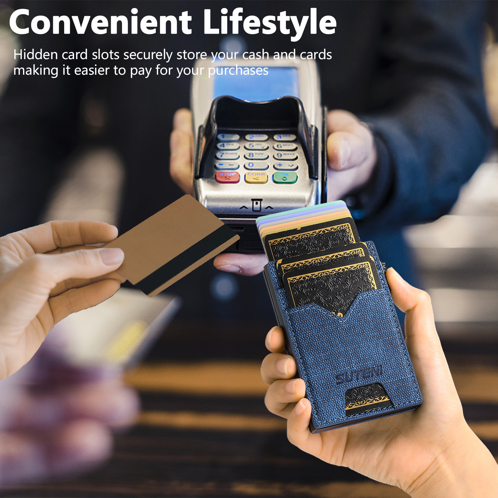 SUTENI KH5NZ Card Slot Wallet Faux Leather Card Box Pressing The Button Automatically Ejects The Card