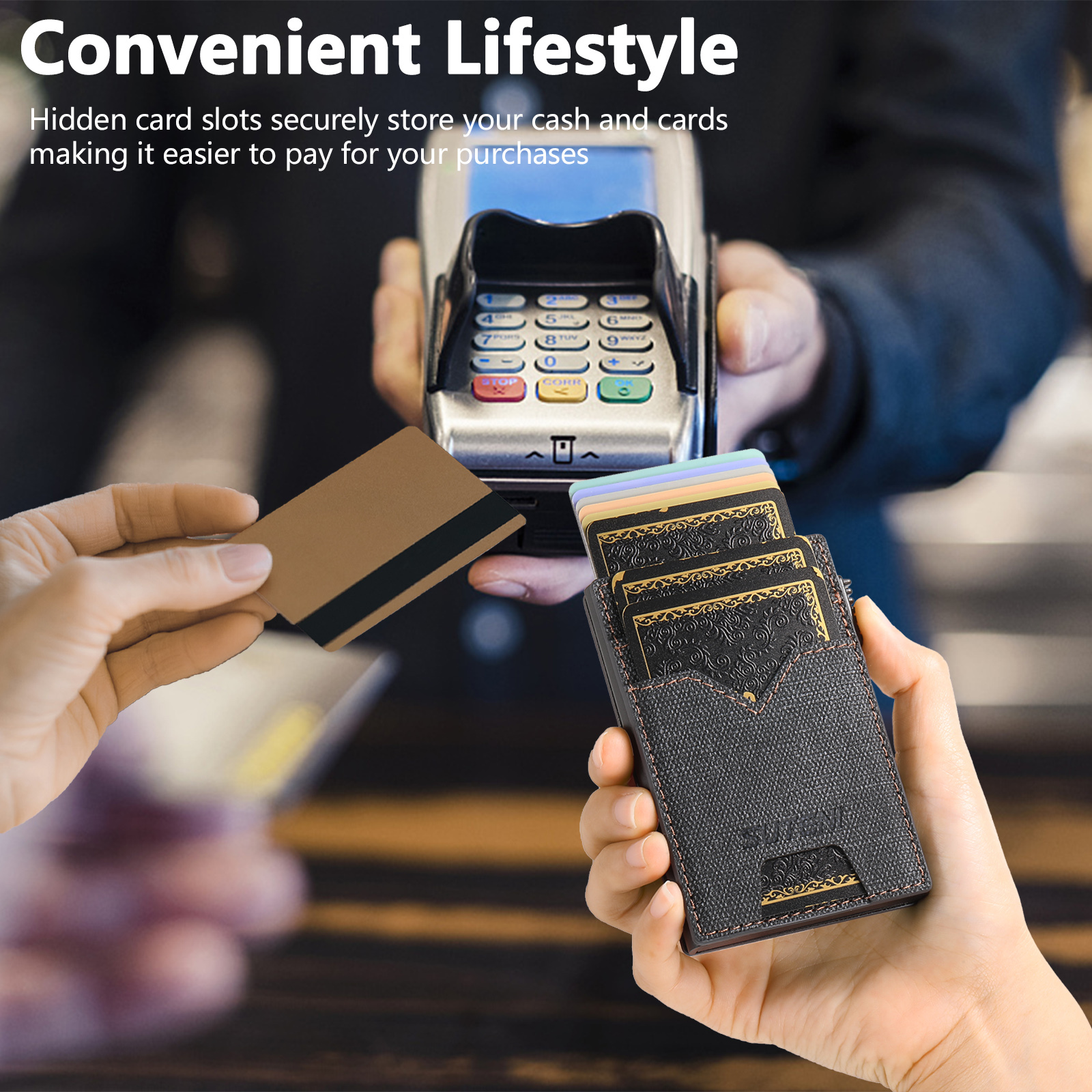 SUTENI KH5NZ Card Slot Wallet Faux Leather Card Box Pressing The Button Automatically Ejects The Card