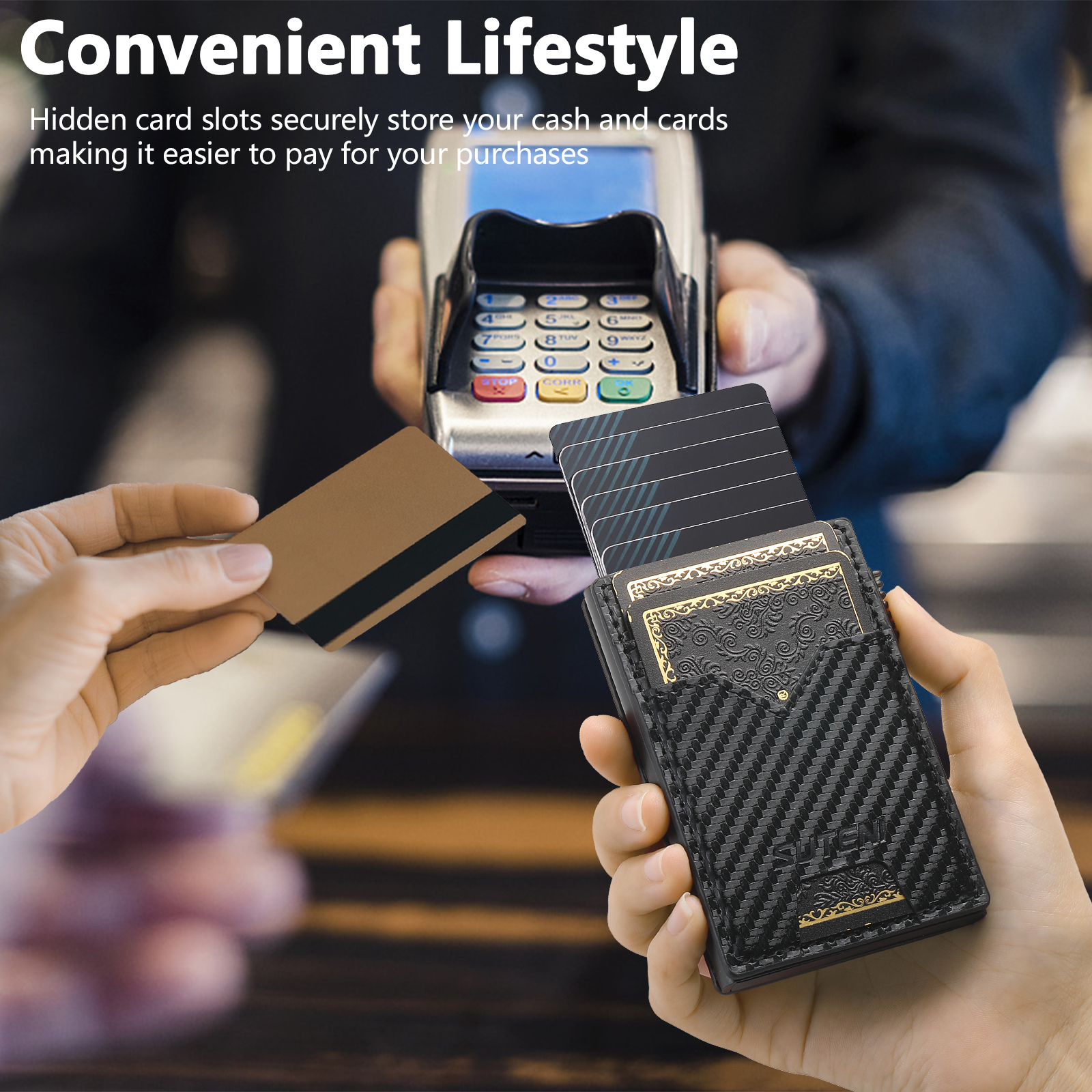 SUTENI KH5TXW Card Slot Wallet Faux Leather Card Box Pressing The Button Automatically Ejects The Card