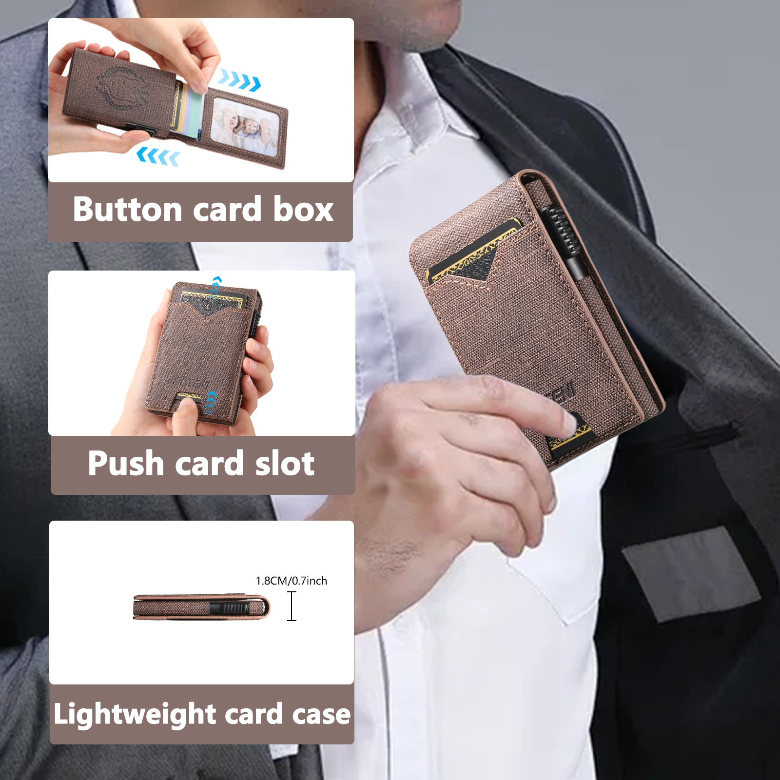 SUTENI KH6NZ Card Slot Wallet Flip Cover Faux Leather Card Box Pressing The Button Automatically Ejects The Card