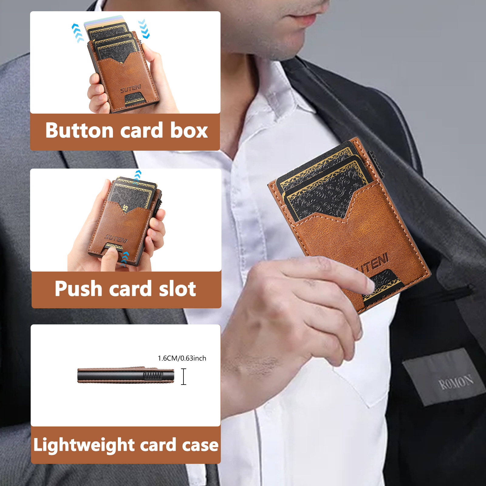 SUTENI KH5YL Card Slot Wallet Faux Leather Card Box Pressing The Button Automatically Ejects The Card