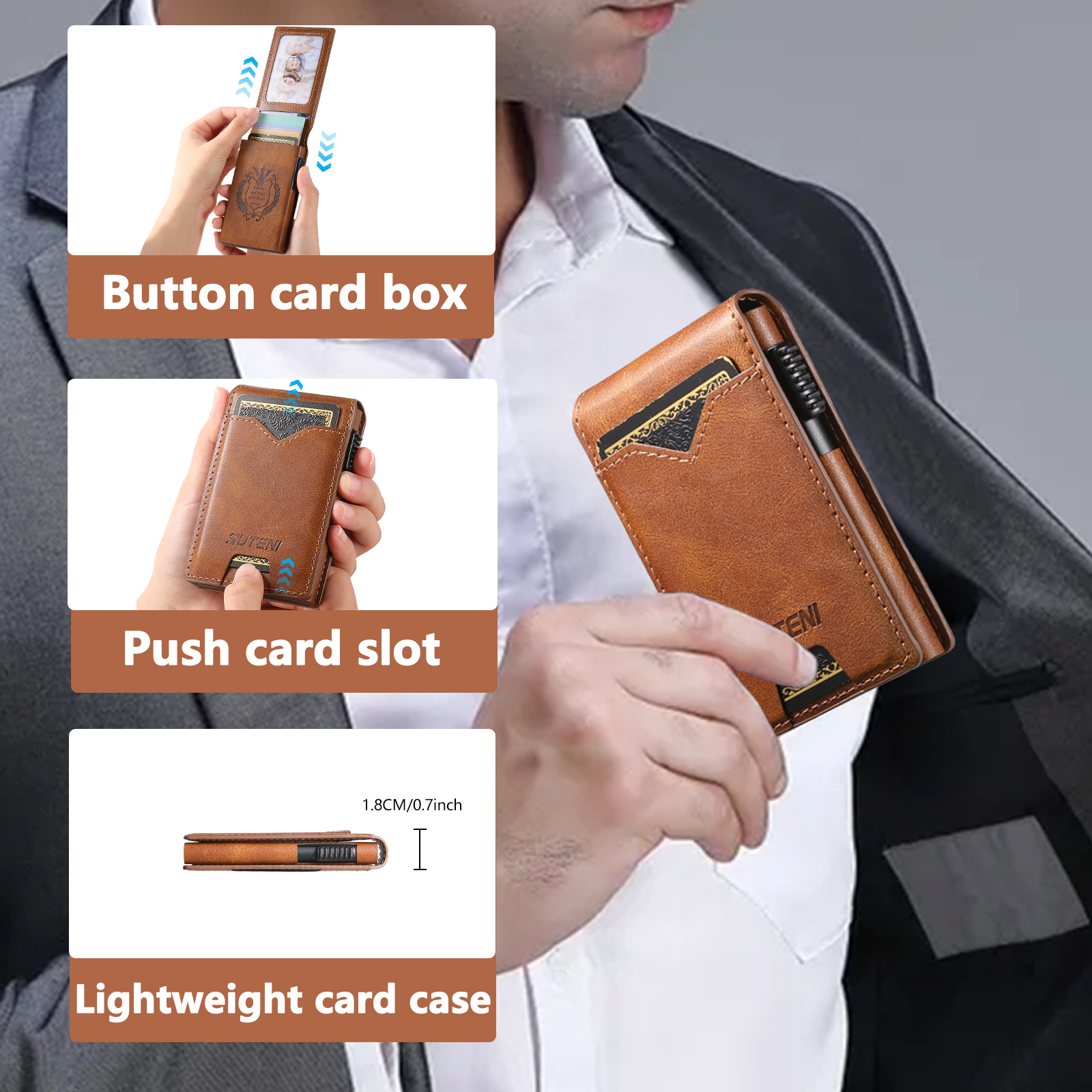 SUTENI KH6YL Card Slot Wallet Flip Cover Faux Leather Card Box Pressing The Button Automatically Ejects The Card