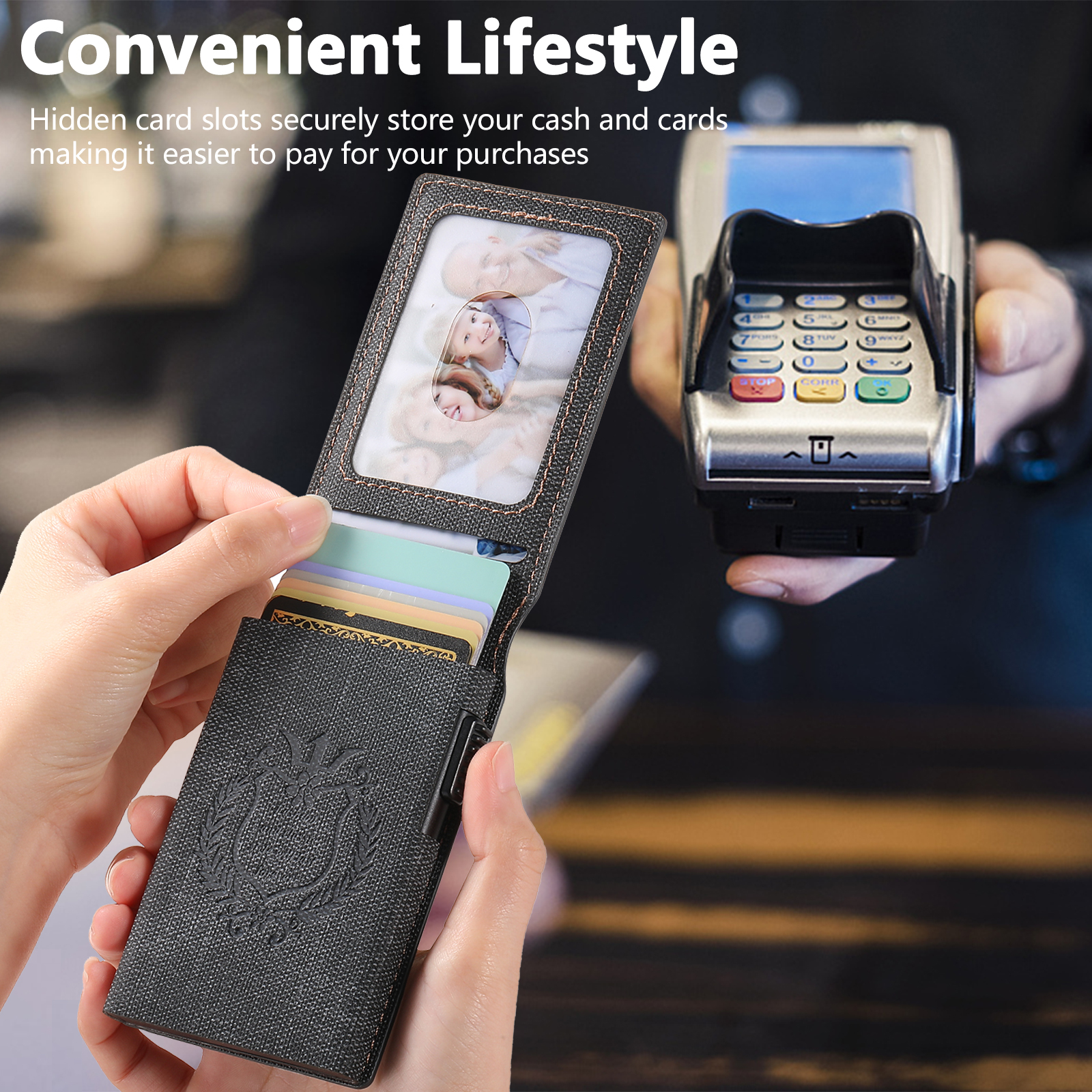 SUTENI KH6NZ Card Slot Wallet Flip Cover Faux Leather Card Box Pressing The Button Automatically Ejects The Card