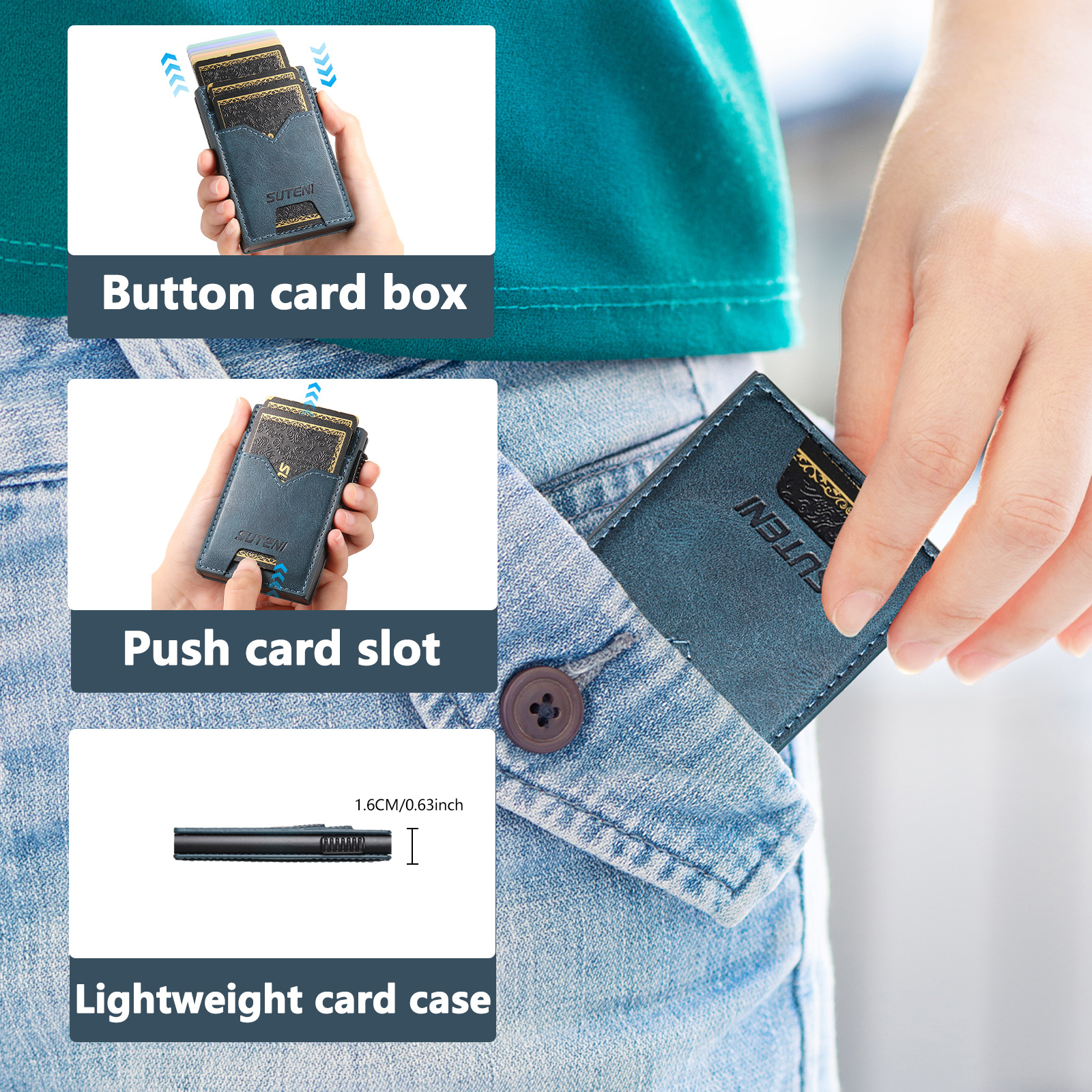 SUTENI KH5YL Card Slot Wallet Faux Leather Card Box Pressing The Button Automatically Ejects The Card