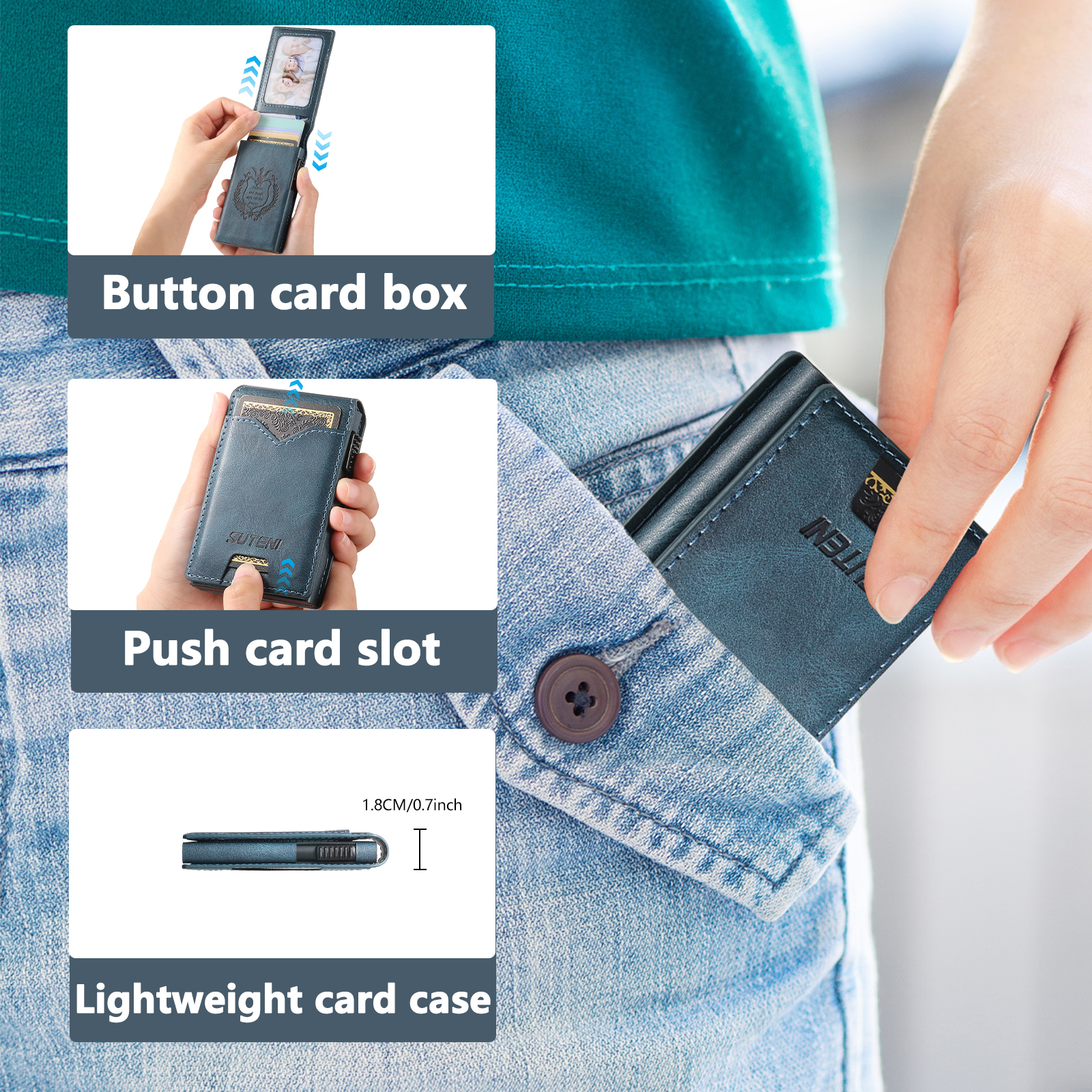 SUTENI KH6YL Card Slot Wallet Flip Cover Faux Leather Card Box Pressing The Button Automatically Ejects The Card