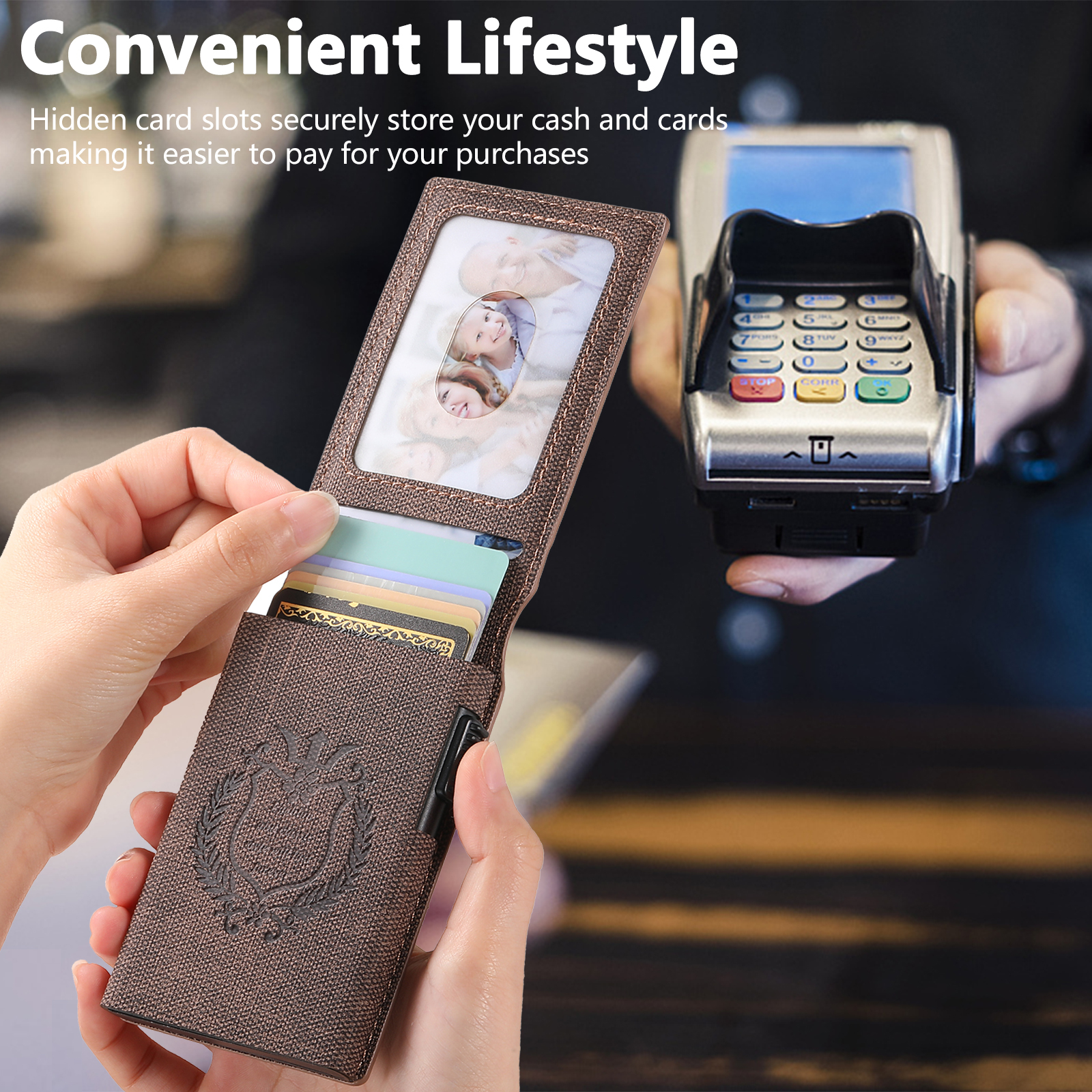 SUTENI KH6NZ Card Slot Wallet Flip Cover Faux Leather Card Box Pressing The Button Automatically Ejects The Card