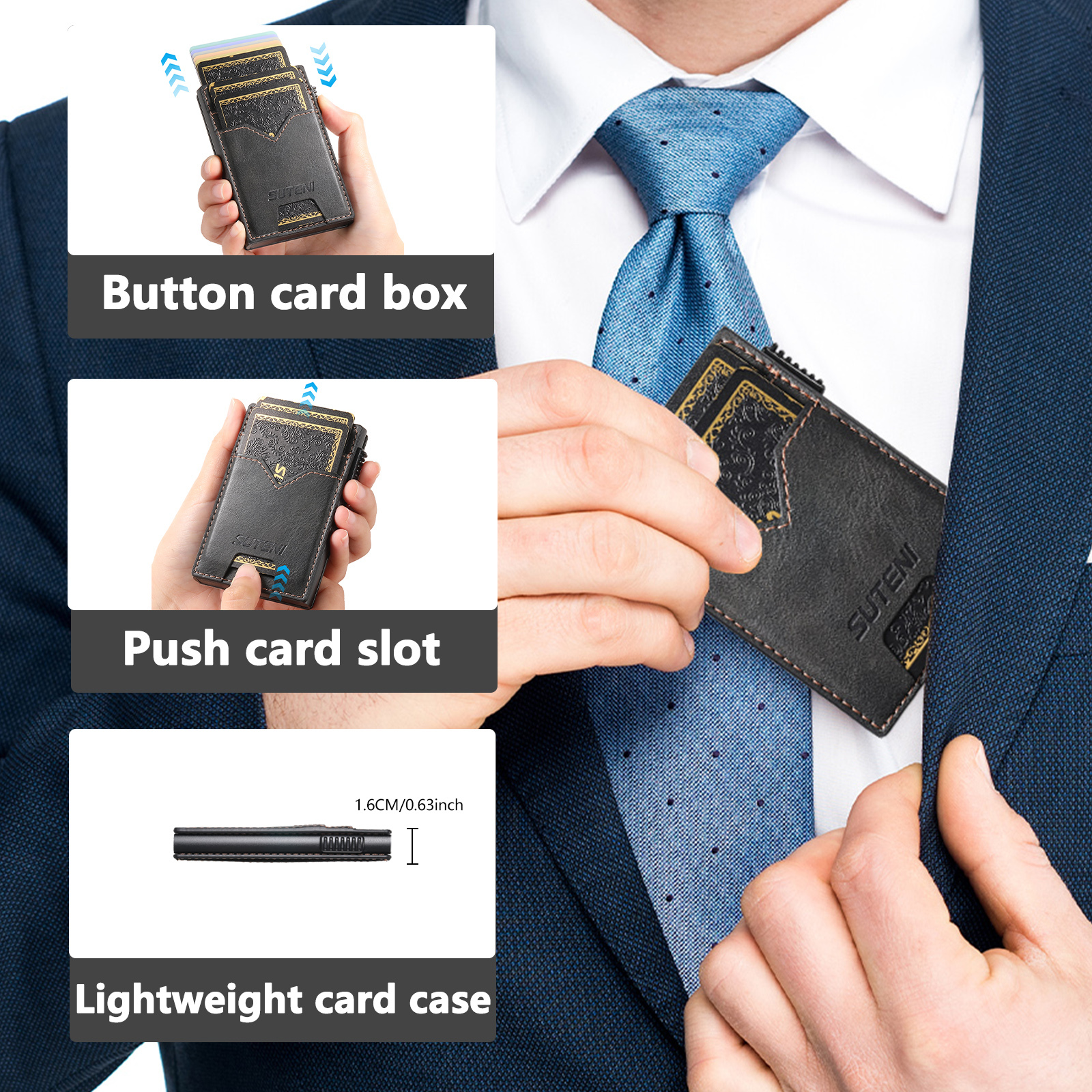 SUTENI KH5YL Card Slot Wallet Faux Leather Card Box Pressing The Button Automatically Ejects The Card