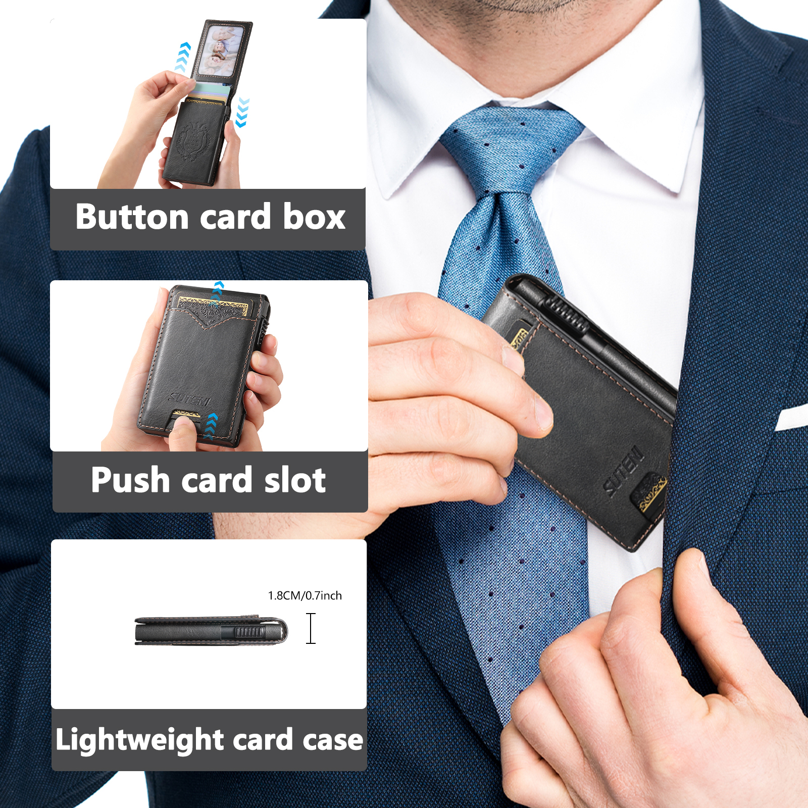 SUTENI KH6YL Card Slot Wallet Flip Cover Faux Leather Card Box Pressing The Button Automatically Ejects The Card