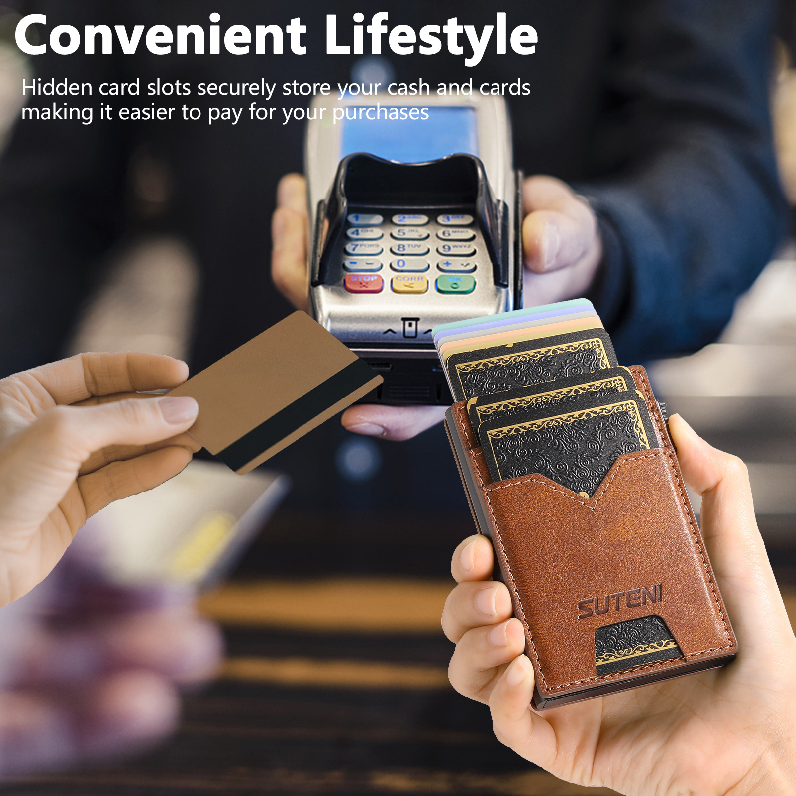 SUTENI KH5YL Card Slot Wallet Faux Leather Card Box Pressing The Button Automatically Ejects The Card