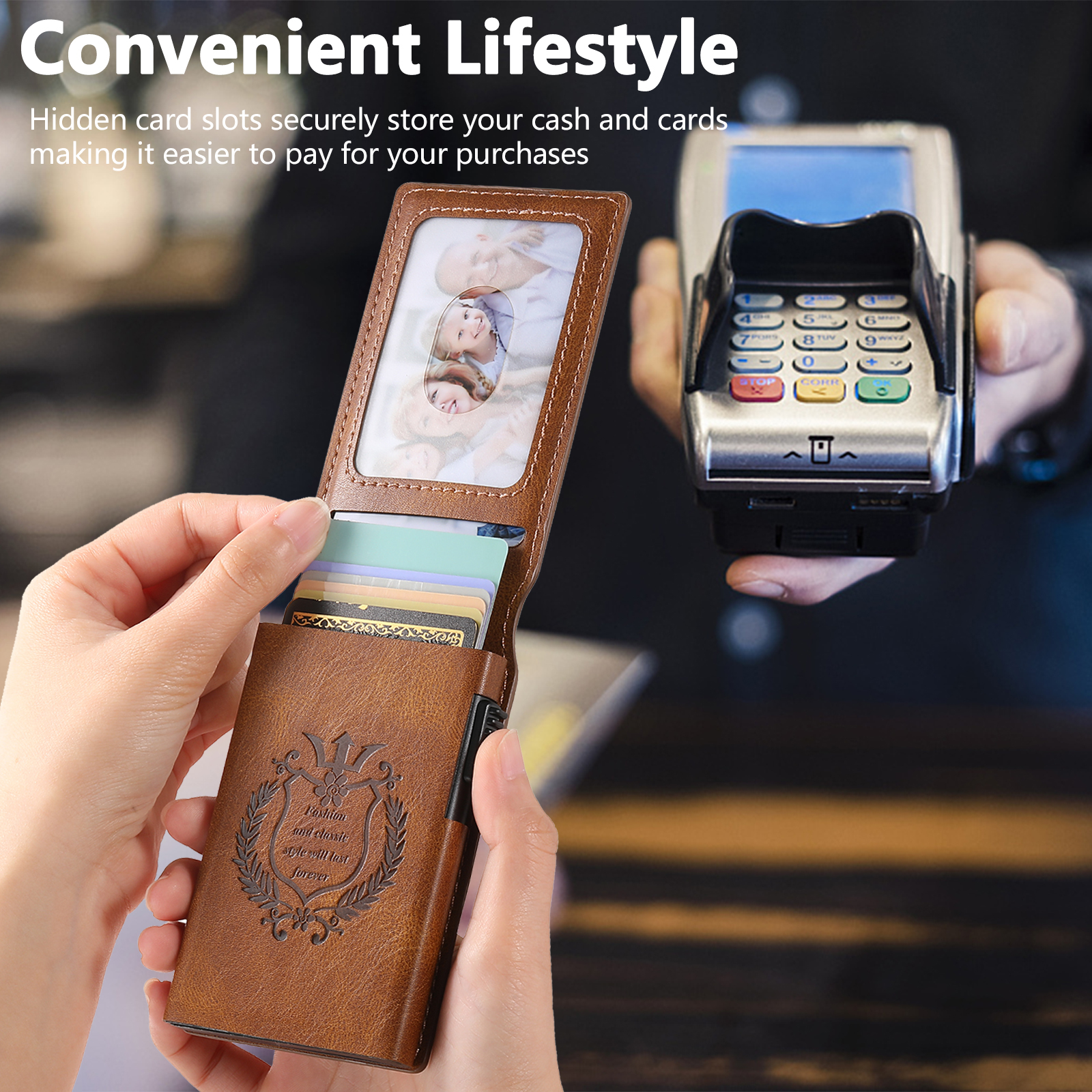 SUTENI KH6YL Card Slot Wallet Flip Cover Faux Leather Card Box Pressing The Button Automatically Ejects The Card