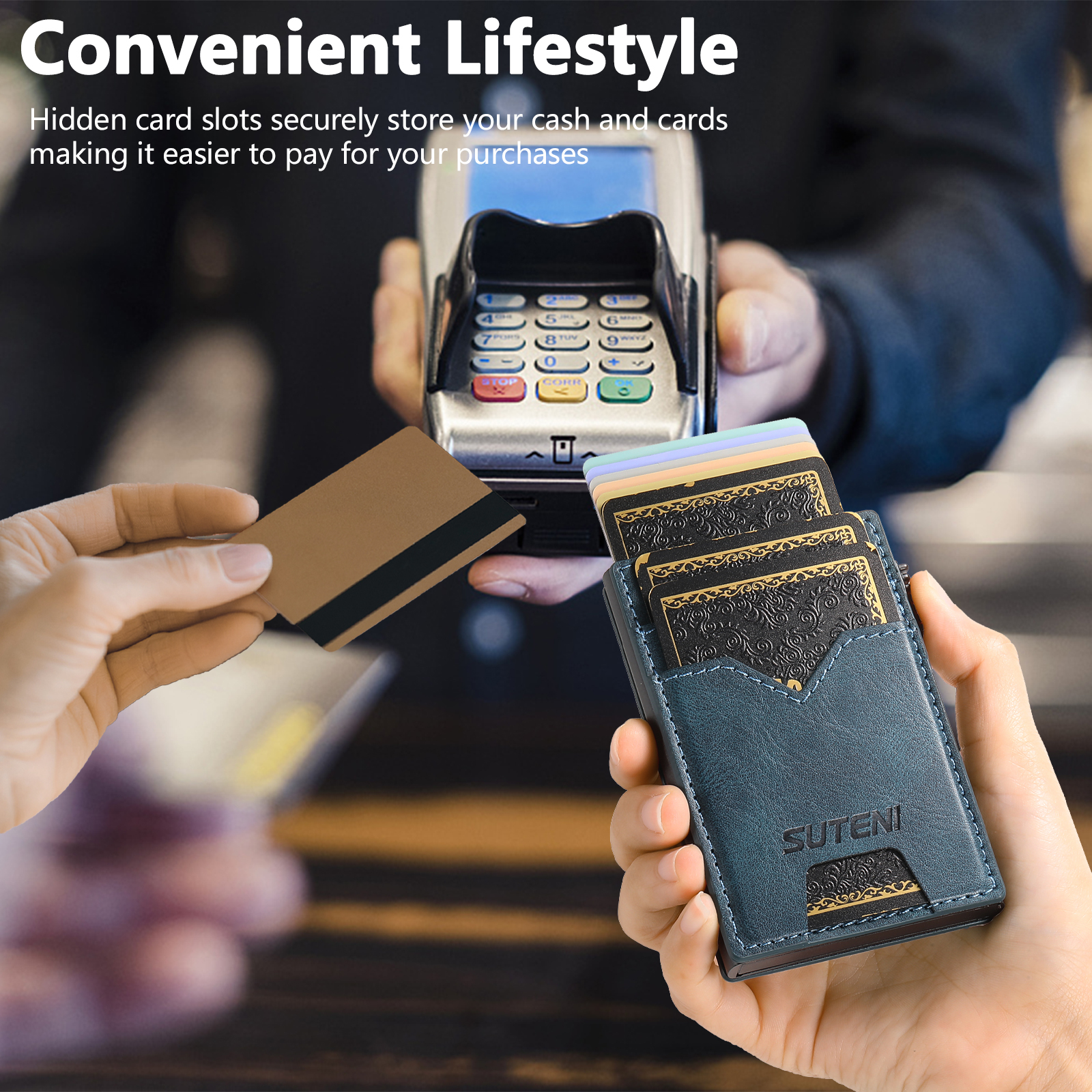 SUTENI KH5YL Card Slot Wallet Faux Leather Card Box Pressing The Button Automatically Ejects The Card