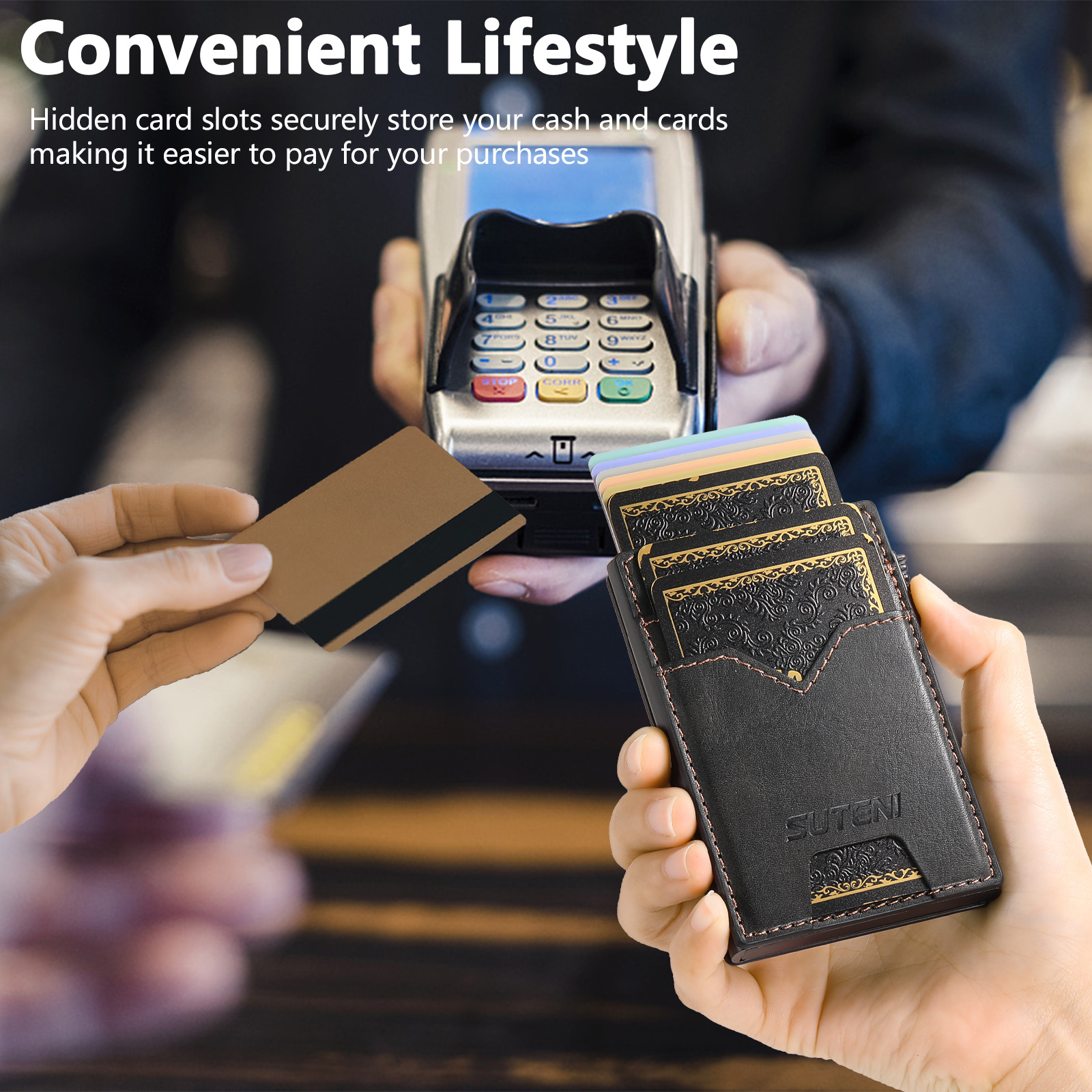SUTENI KH5YL Card Slot Wallet Faux Leather Card Box Pressing The Button Automatically Ejects The Card
