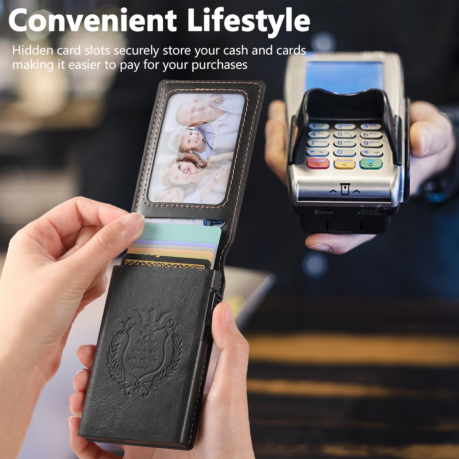 SUTENI KH6YL Card Slot Wallet Flip Cover Faux Leather Card Box Pressing The Button Automatically Ejects The Card