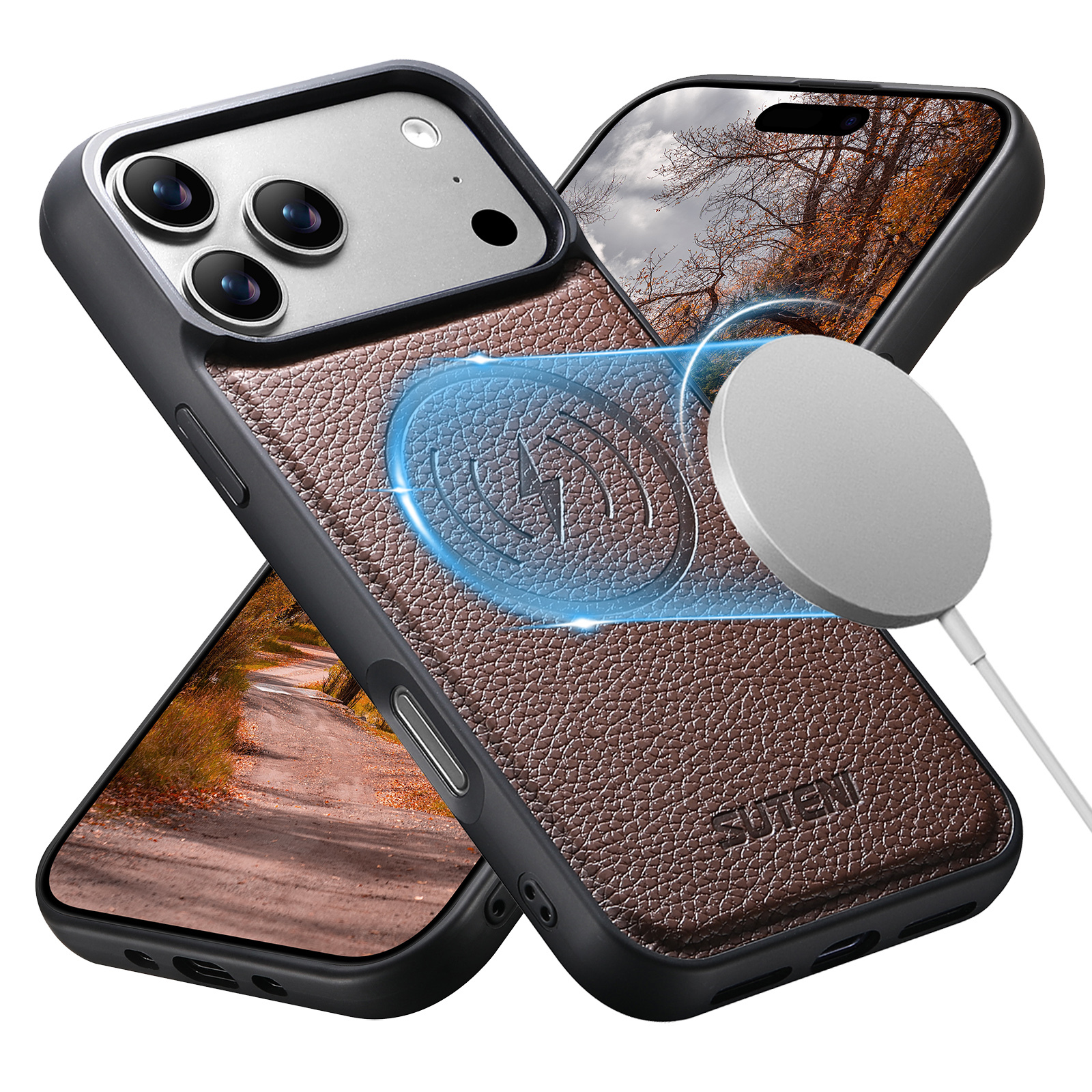 SUTENI G5DLZ Frosted Feel Faux Leather Magnet Wireless Charging Phone Case For iPhone 17 Pro Max 16 15 14 13