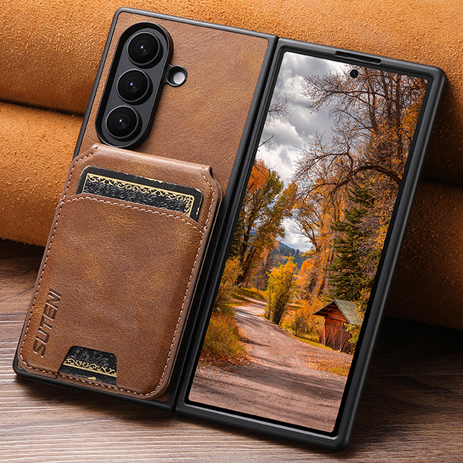SUTENI H02YL Luxury Faux Leather Oil Wax Smooth Surface Phone Case Card Holder Stand For Samsung Galaxy Z Fold 7 6 5