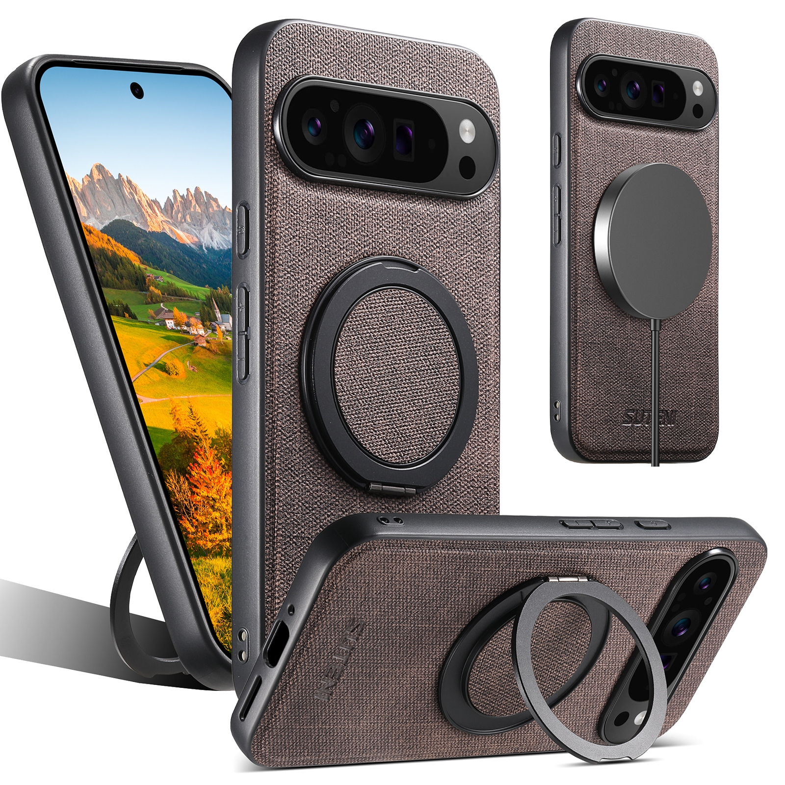 SUTENI G3NZ Faux Leather Magnet Wireless Charging Phone Case 360° Rotating Stand Ring Buckle Frosted Feel For Google Pixel 10ProXL 9 8A 7 6