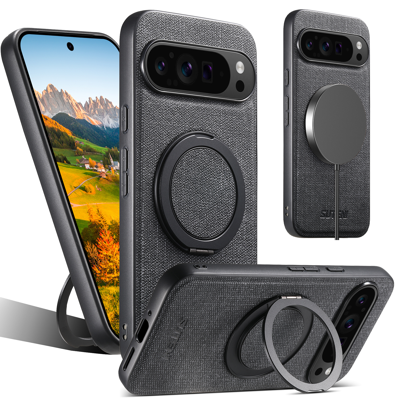SUTENI G3NZ Faux Leather Magnet Wireless Charging Phone Case 360° Rotating Stand Ring Buckle Frosted Feel For Google Pixel 10ProXL 9 8A 7 6