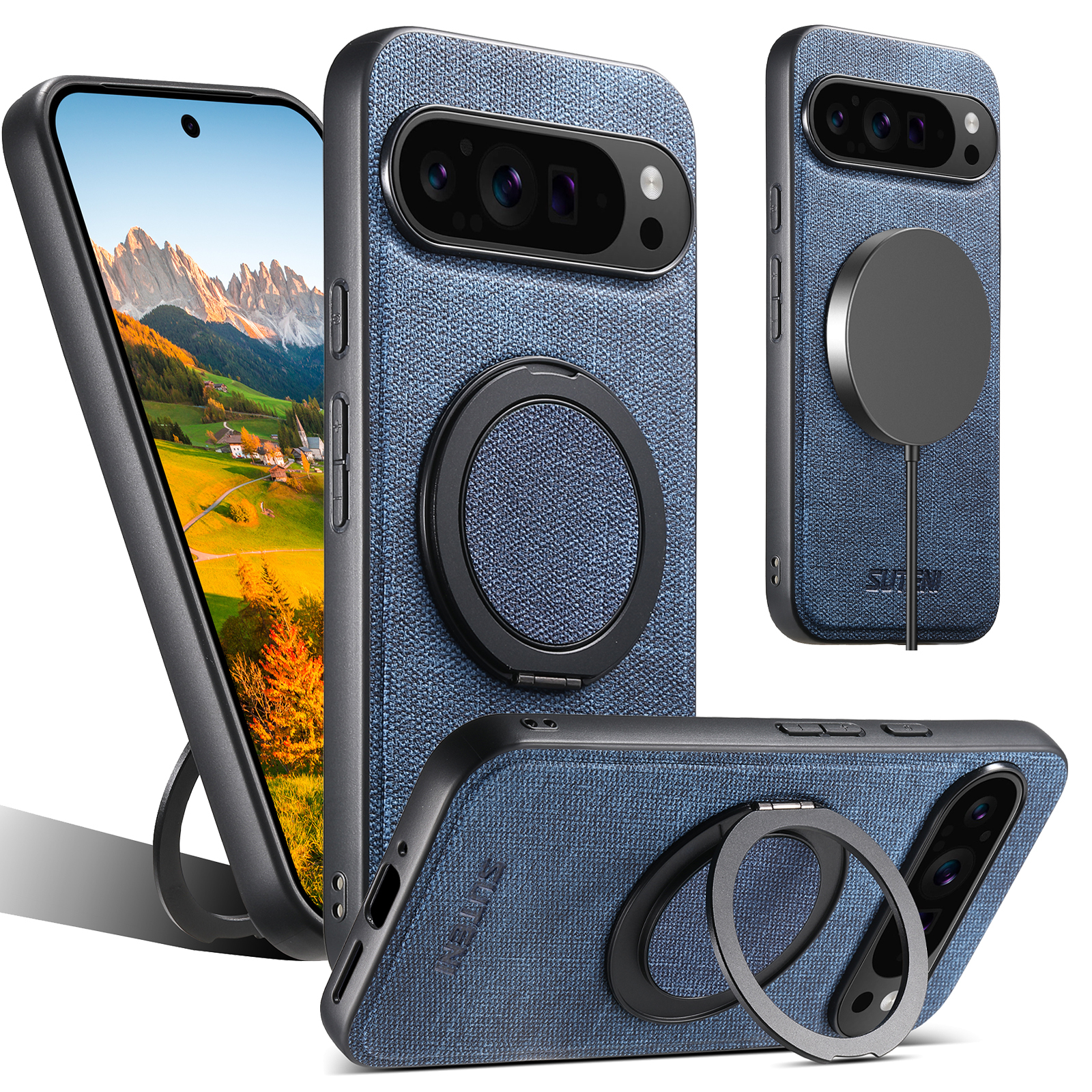 SUTENI G3NZ Faux Leather Magnet Wireless Charging Phone Case 360° Rotating Stand Ring Buckle Frosted Feel For Google Pixel 10ProXL 9 8A 7 6