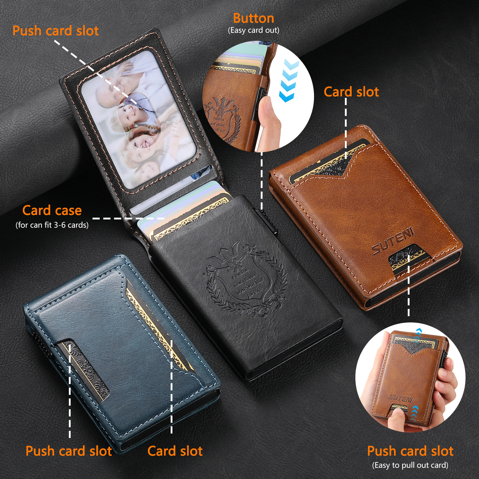 SUTENI KH6YL Card Slot Wallet Flip Cover Faux Leather Card Box Pressing The Button Automatically Ejects The Card