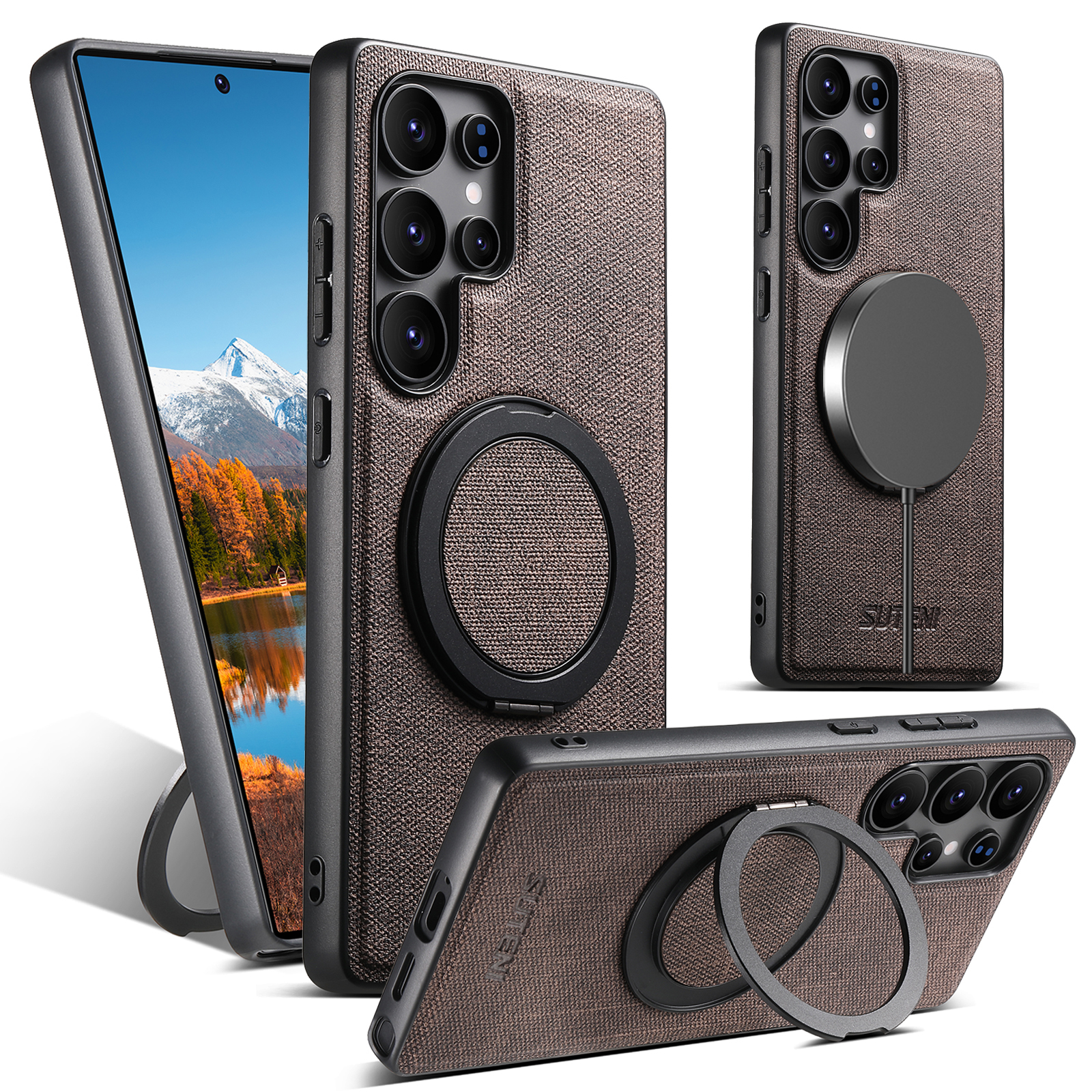 SUTENI G3NZ Magnet Wireless Charging Phone Case Faux Leather 360° Rotating Stand Ring Buckle Frosted Feel For Samsung Galaxy S25Ultra S24 S23 S22