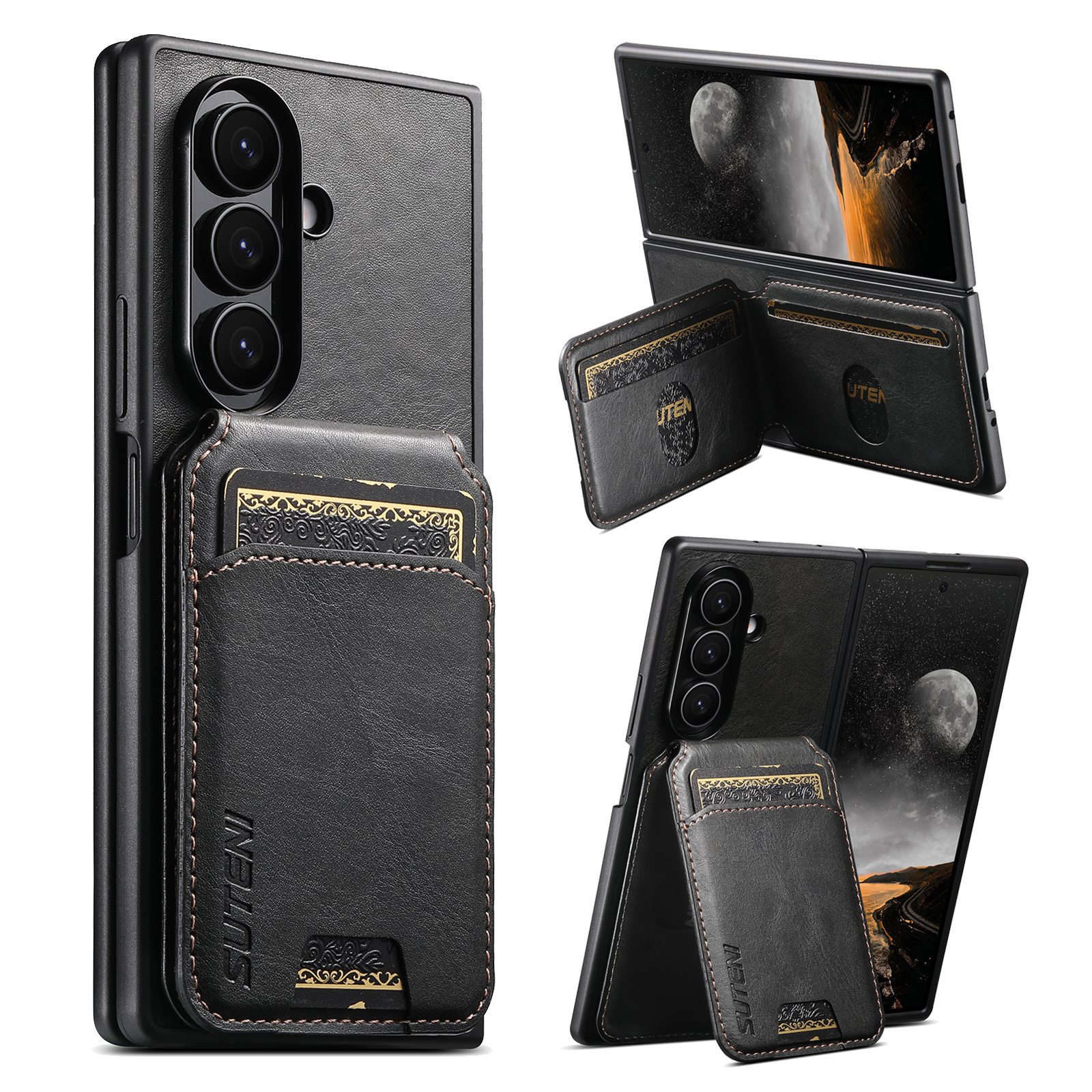 SUTENI H02YL Luxury Faux Leather Oil Wax Smooth Surface Phone Case Card Holder Stand For Samsung Galaxy Z Fold 7 6 5