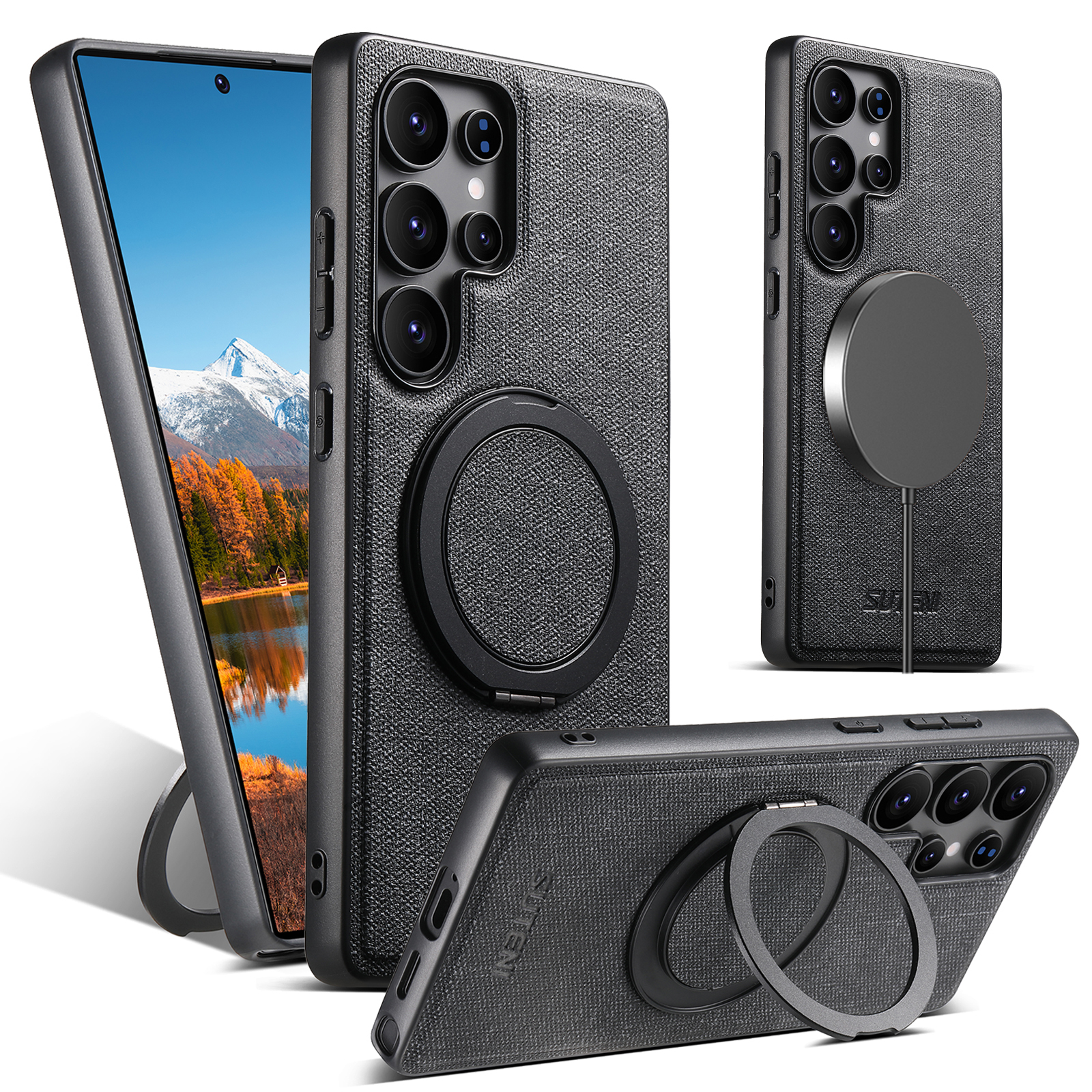 SUTENI G3NZ Magnet Wireless Charging Phone Case Faux Leather 360° Rotating Stand Ring Buckle Frosted Feel For Samsung Galaxy S25Ultra S24 S23 S22