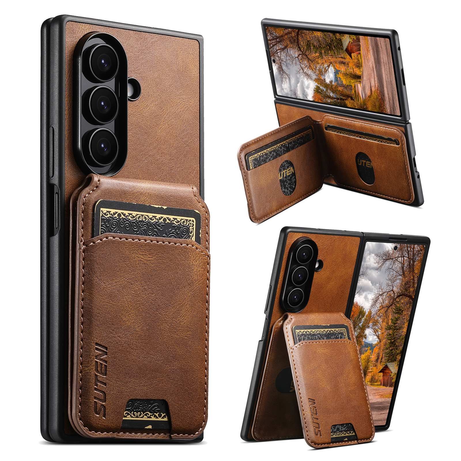 SUTENI H02YL Luxury Faux Leather Oil Wax Smooth Surface Phone Case Card Holder Stand For Samsung Galaxy Z Fold 7 6 5