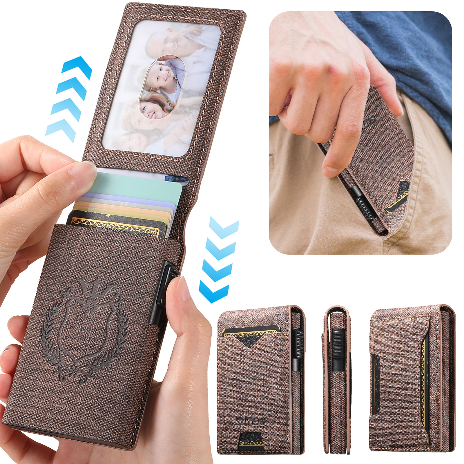 SUTENI KH6NZ Card Slot Wallet Flip Cover Faux Leather Card Box Pressing The Button Automatically Ejects The Card