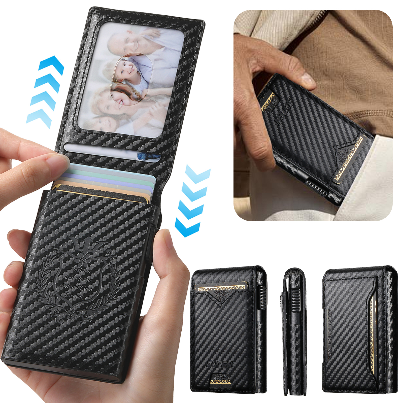 SUTENI KH6TXW Card Slot Wallet Flip Cover Faux Leather Card Box Pressing The Button Automatically Ejects The Card