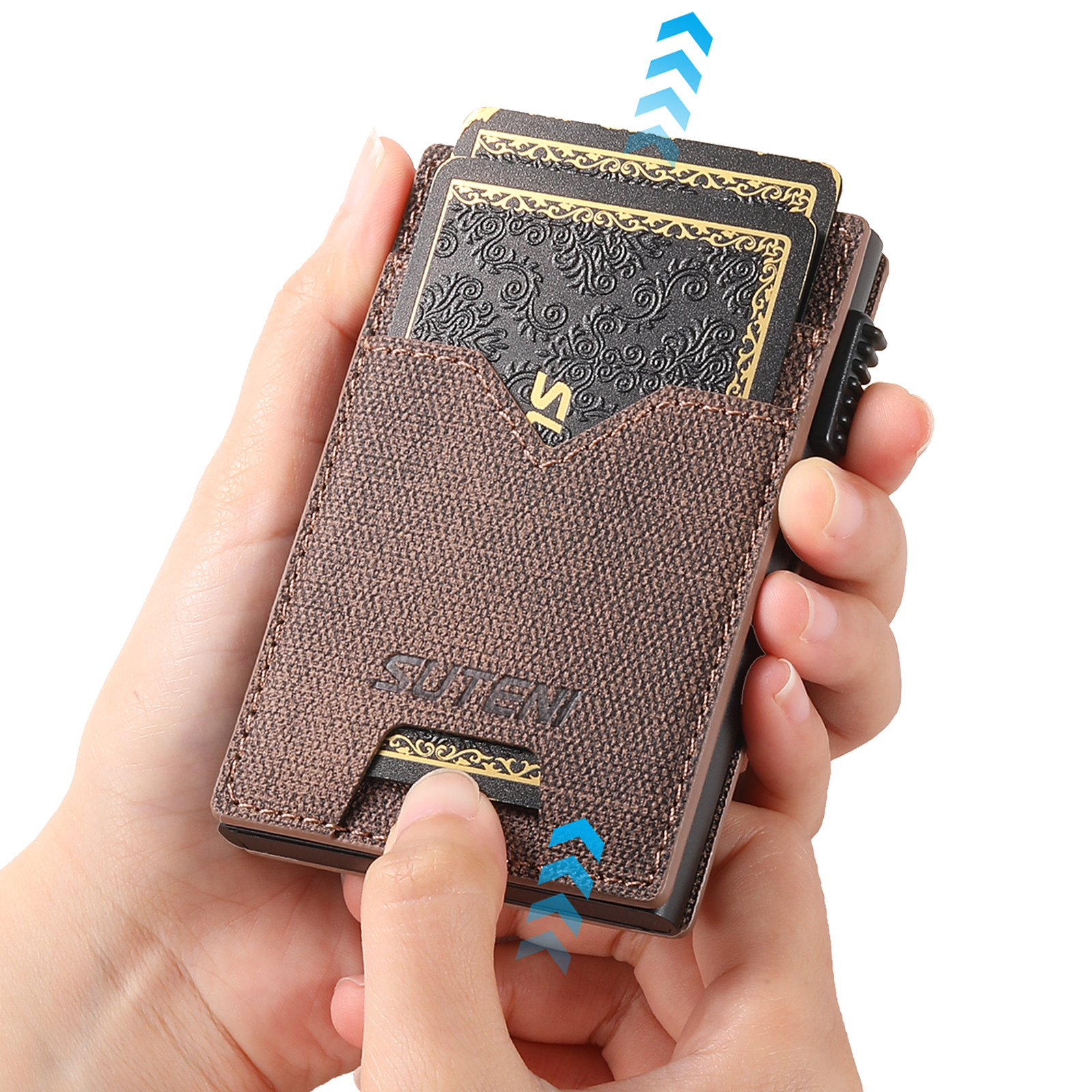 SUTENI KH5NZ Card Slot Wallet Faux Leather Card Box Pressing The Button Automatically Ejects The Card